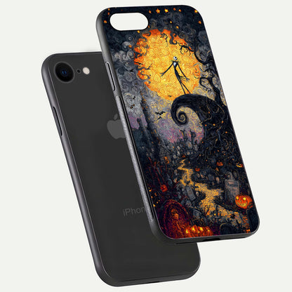Pumpkin Moon Night Glass Case for iPhone 8 floating dual-view mockup showing HD gloss and spooky detail