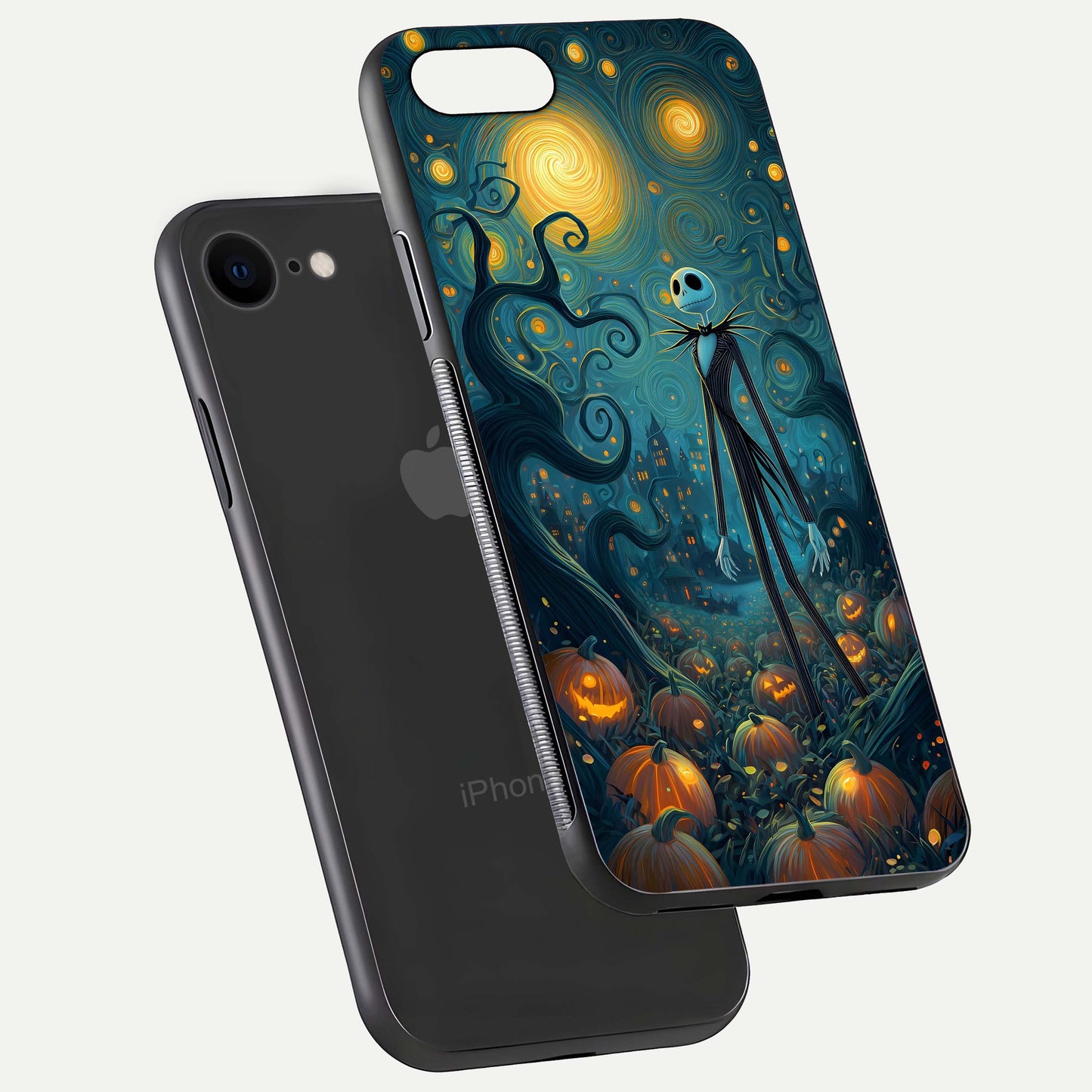 Pumpkin Moonlight Tale Glass Case for iPhone 8 floating dual-view mockup showing HD gloss and eerie design