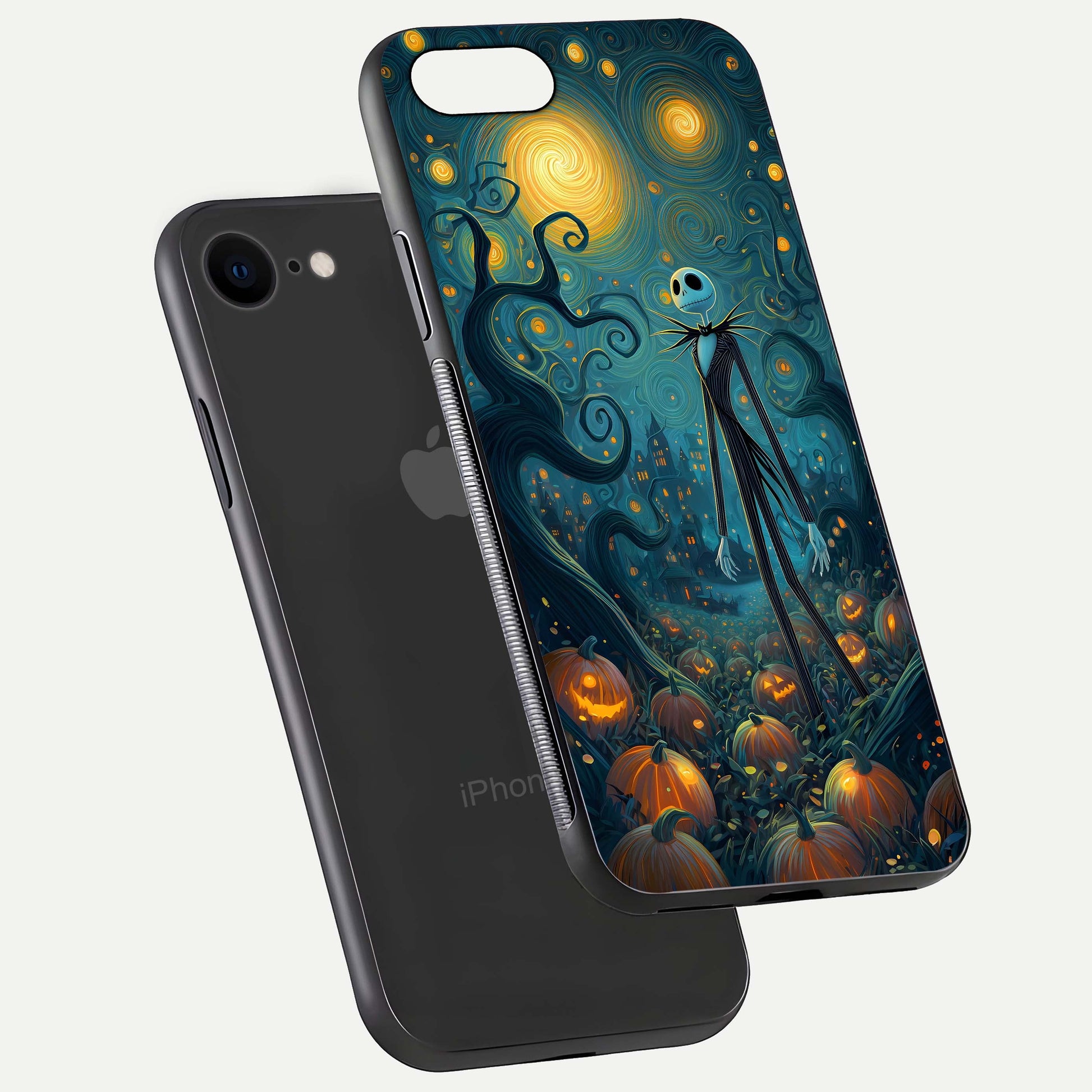 Pumpkin Moonlight Tale Glass Case for iPhone 8 floating dual-view mockup showing HD gloss and eerie design