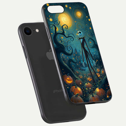 Pumpkin Moonlight Tale Glass Case for iPhone 8 floating dual-view mockup showing HD gloss and eerie design