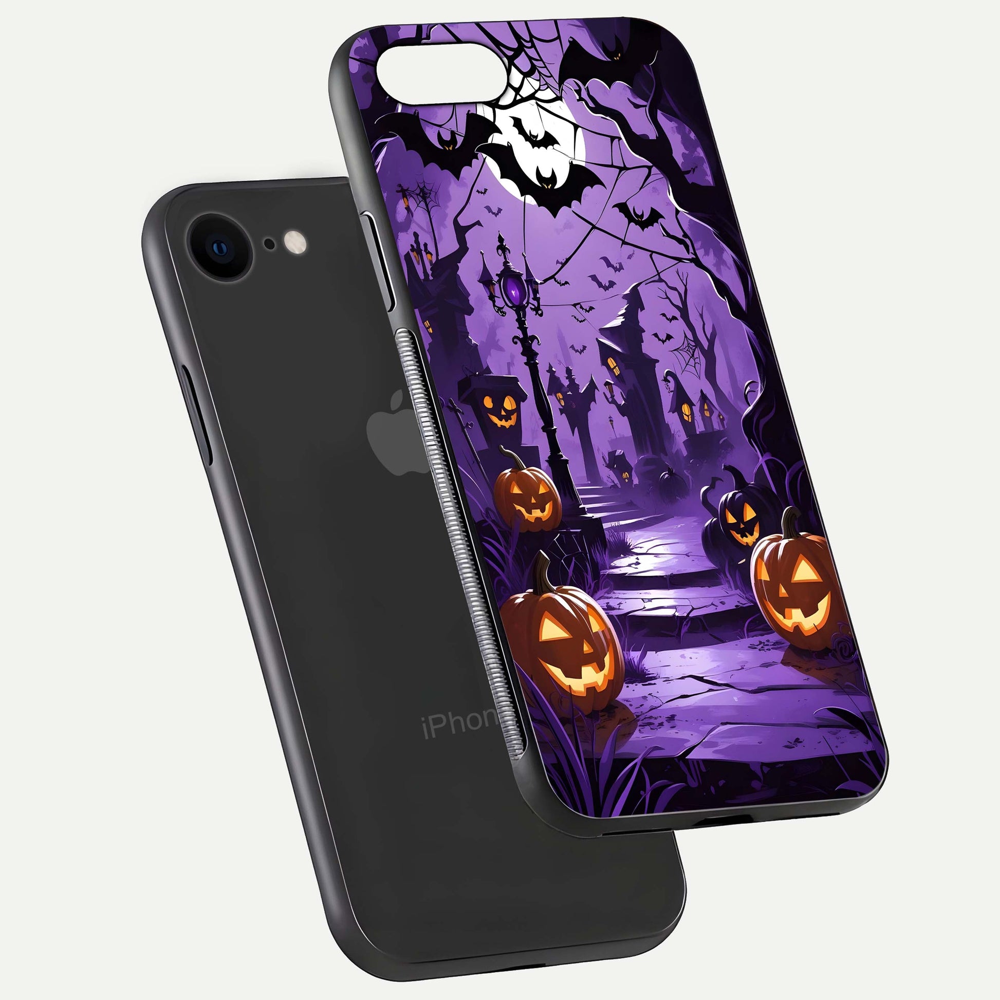 Pumpkin Patch Halloween Glass Case for iPhone 8 floating dual-view mockup displaying gloss and dark tone