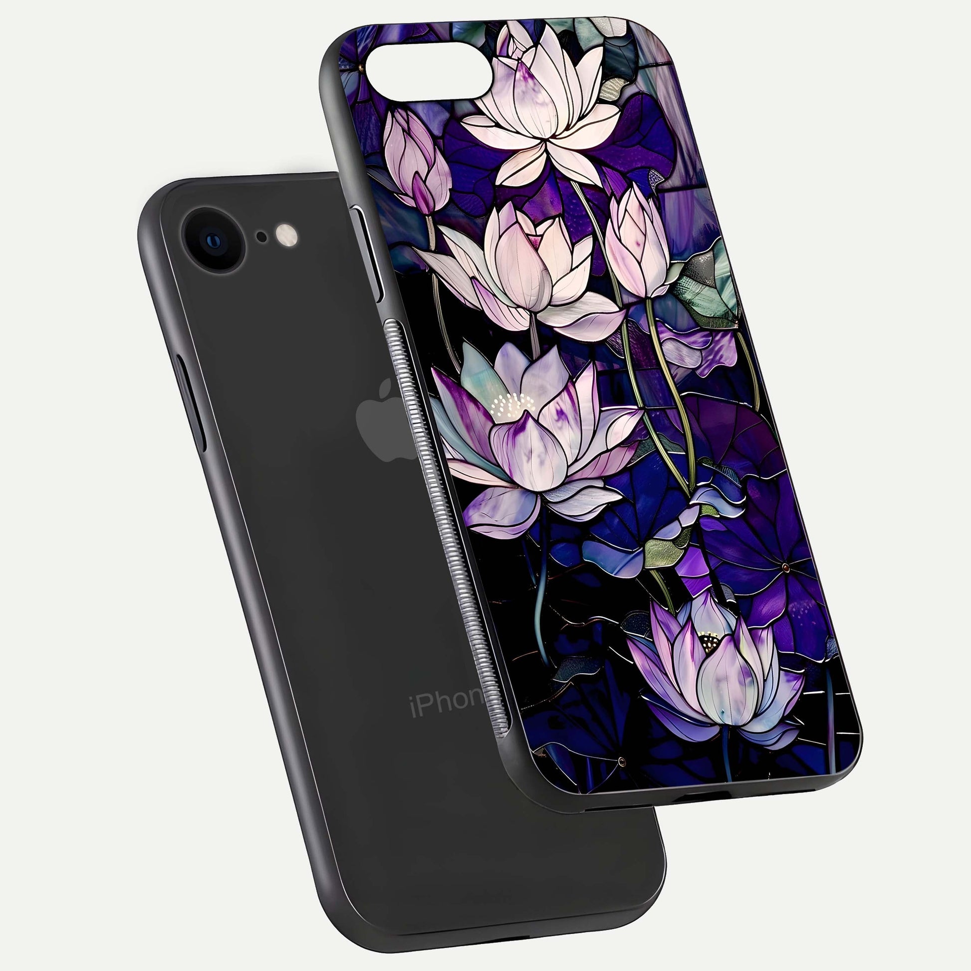 Purple Lotus Pattern Glass Case for iPhone 8 floating dual-view mockup showing glass shine and vivid purple hue