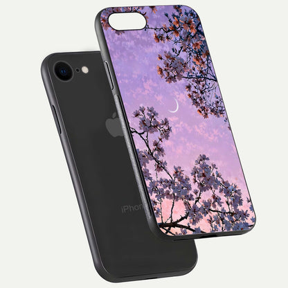 Purple Serenity Moon Glass Case for iPhone 8 floating dual-view mockup showing gloss and cosmic detail