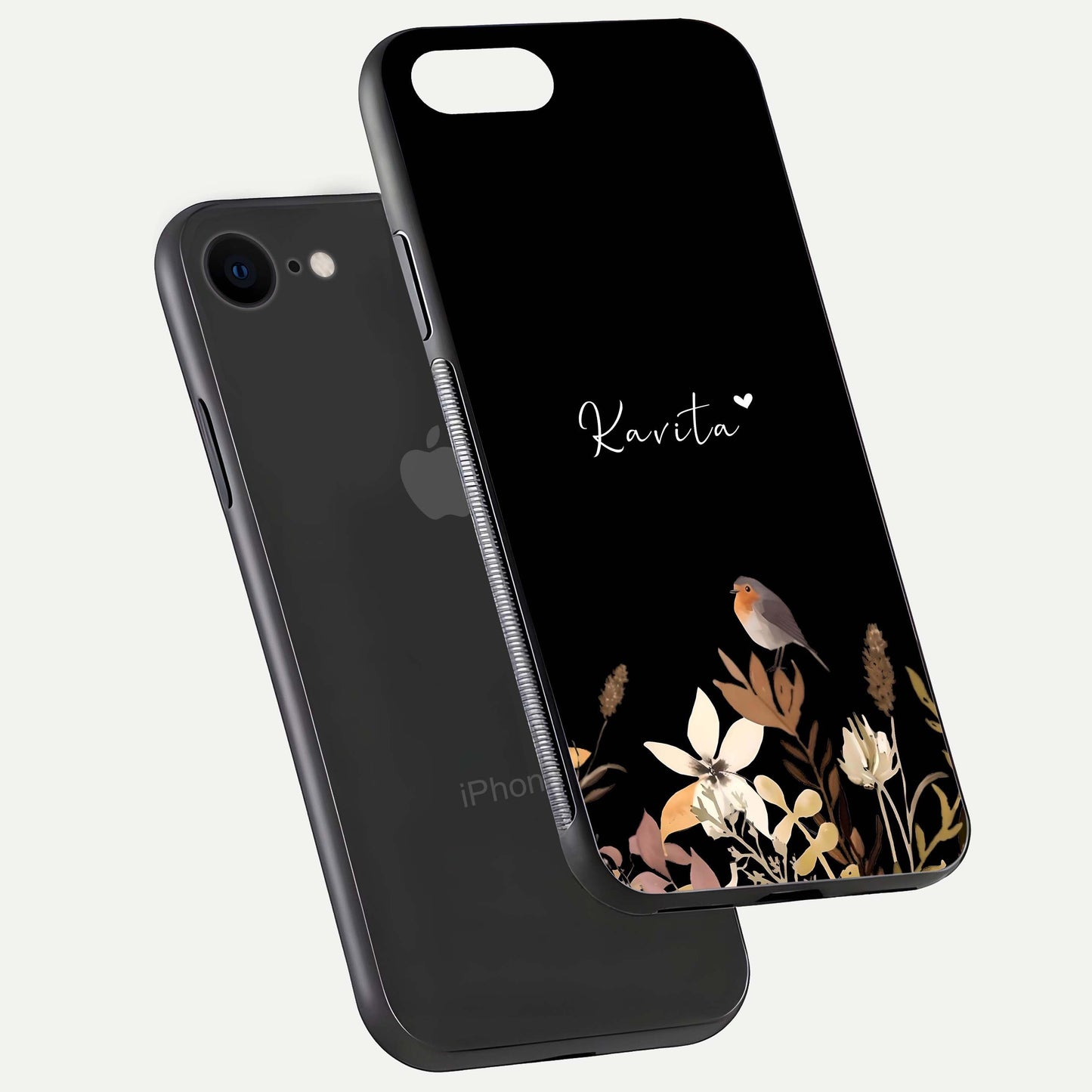 Quiet Garden Tune Custom Name Glass Case for iPhone 8 floating dual-view mockup showing gloss and elegant detail