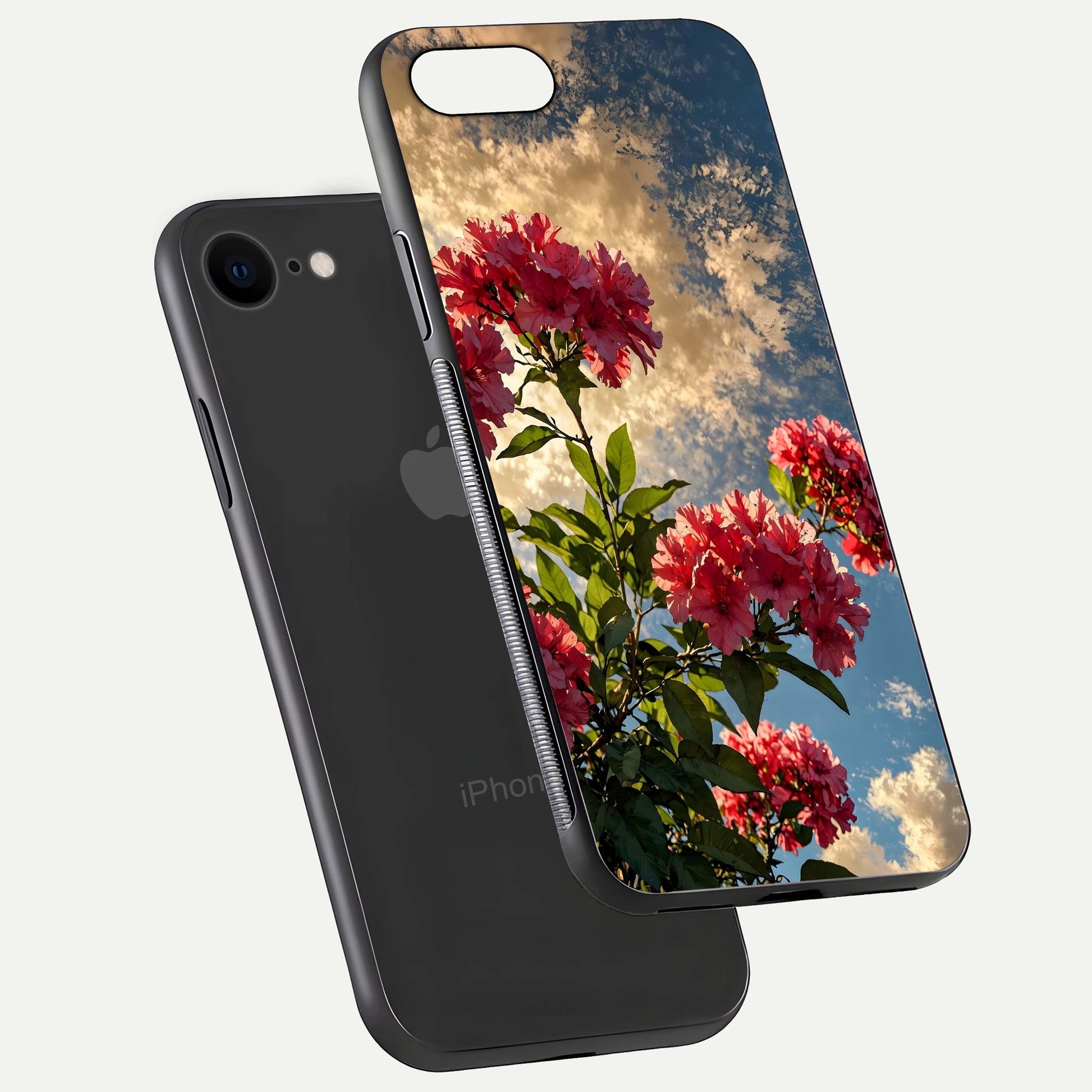 Red Bloom Skies Glass Case for iPhone 8 floating dual-view mockup showing glass gloss and floral pattern
