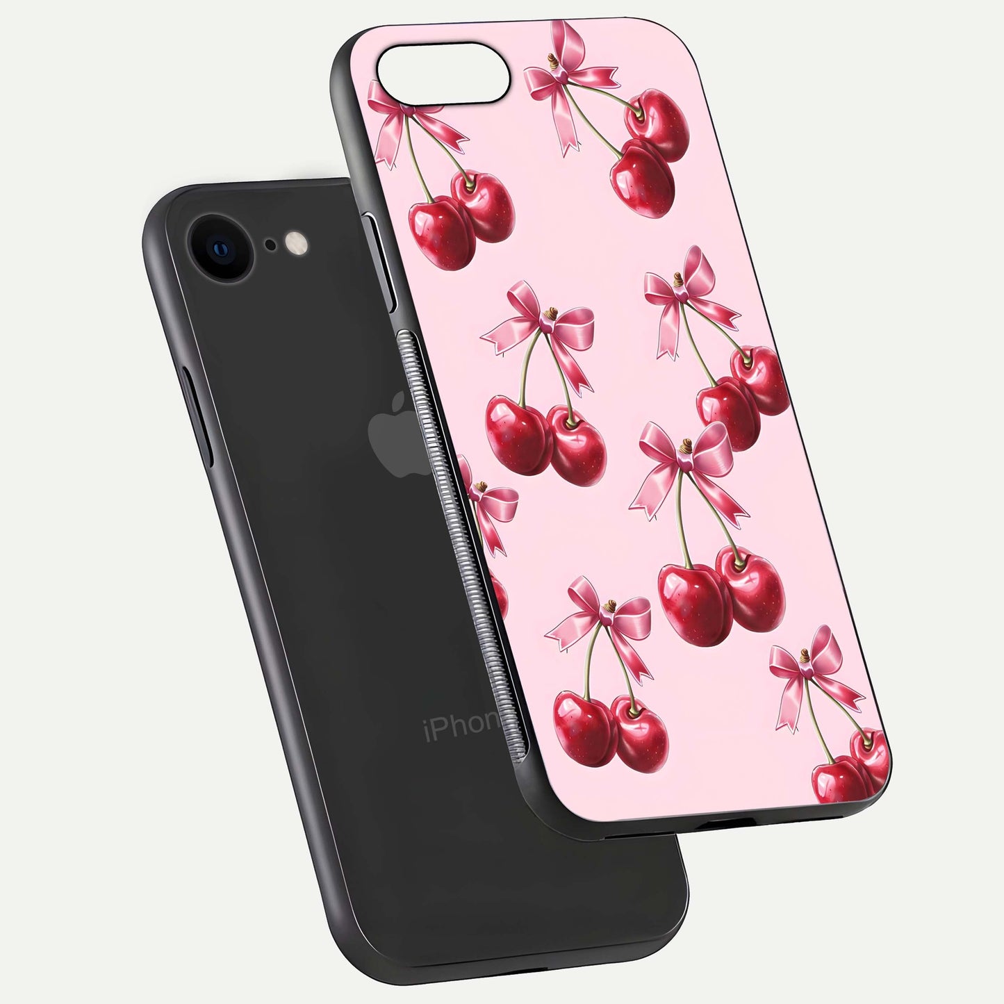 Red Cherries Pattern Glass Case for iPhone 8 floating dual-view mockup showing gloss and color contrast