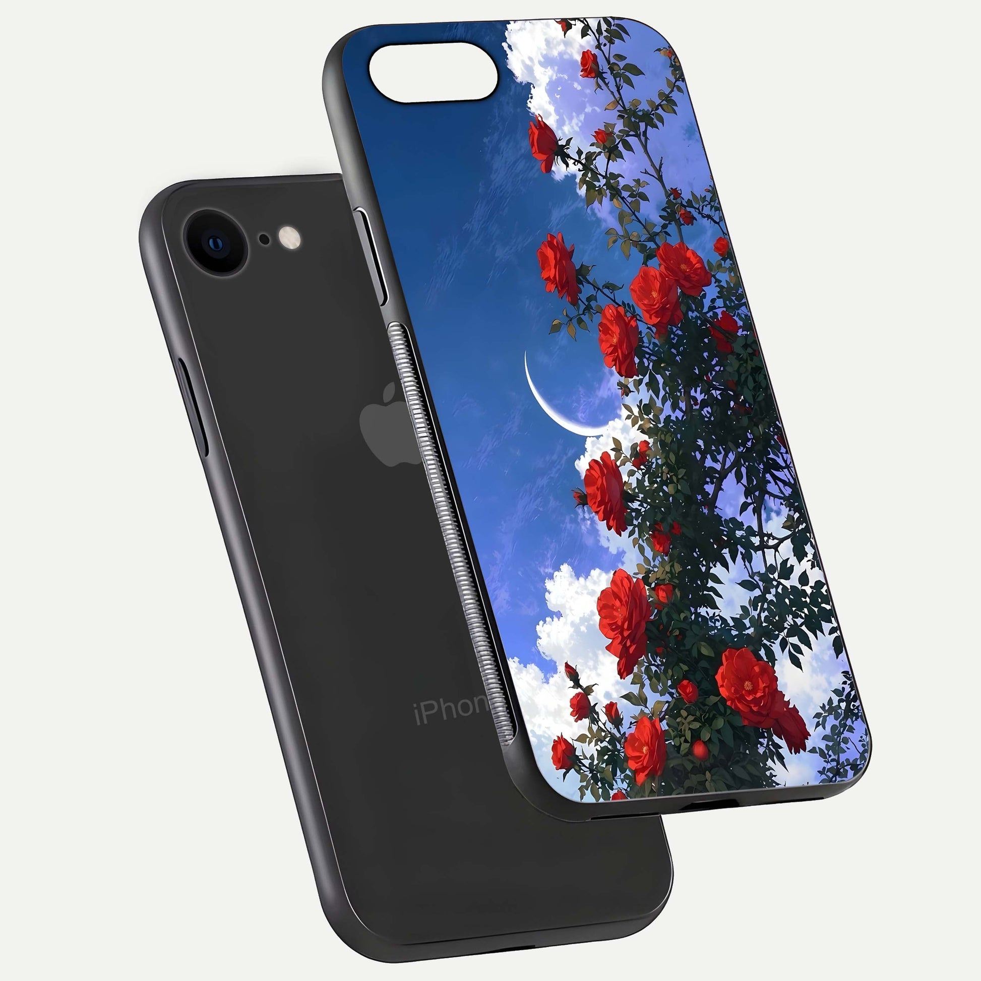 Rose Drift Flowers Glass Case for iPhone 8 floating dual-view mockup showing gloss shine and floral tone