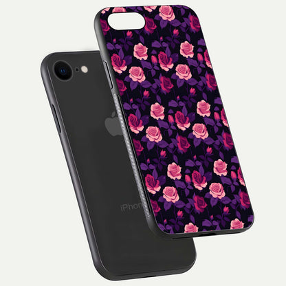 Rose Garden Twilight Glass Case for iPhone 8 floating dual-view mockup displaying gloss surface and depth