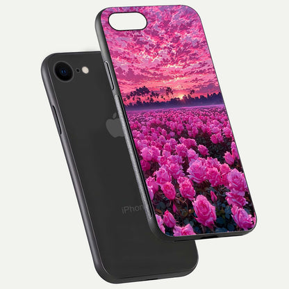 Rose Sunset Valley Glass Case for iPhone 8 floating dual-view mockup showing gloss reflection and art depth