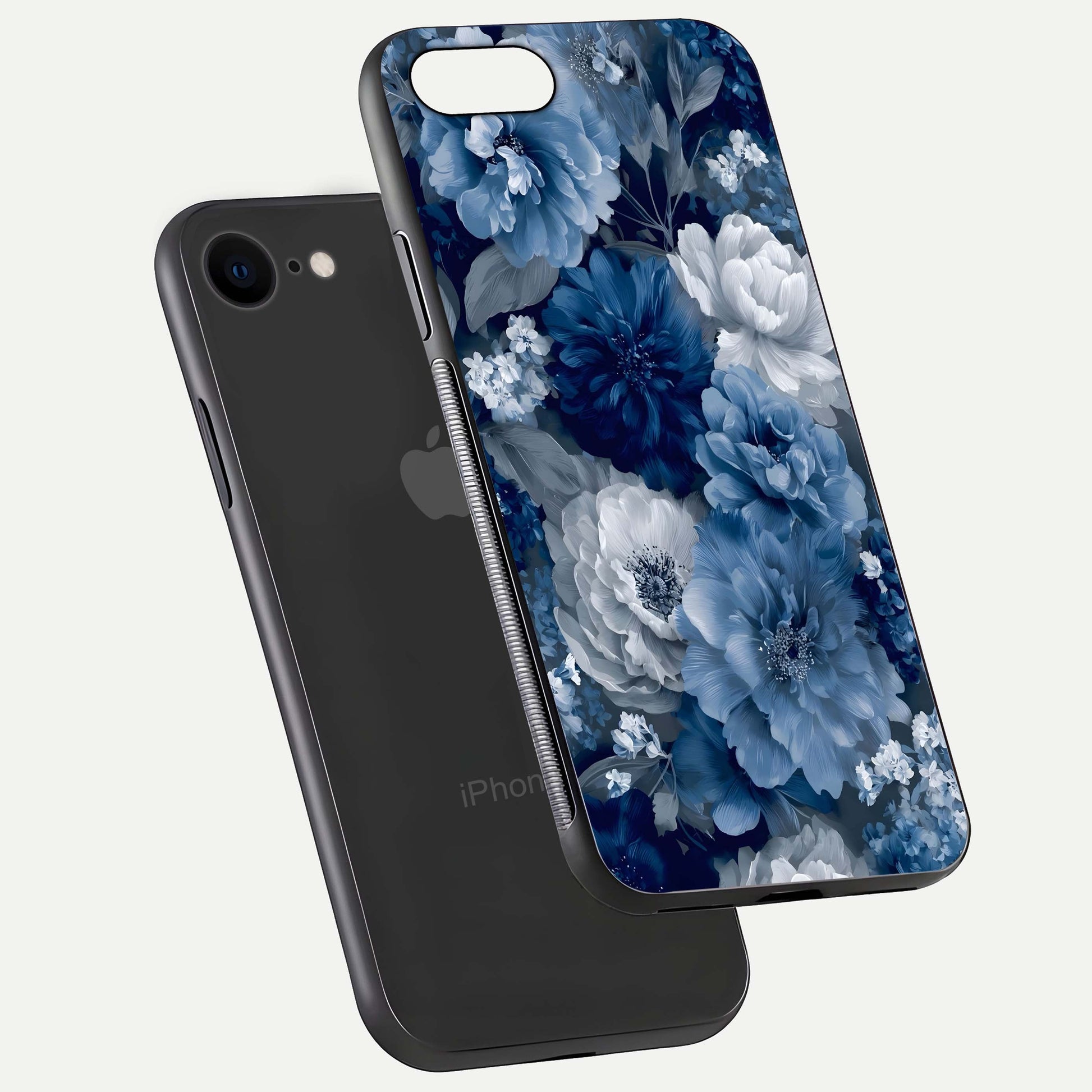 Royal Bloom Garden Glass Case for iPhone 8 floating dual-view mockup displaying gloss and print clarity