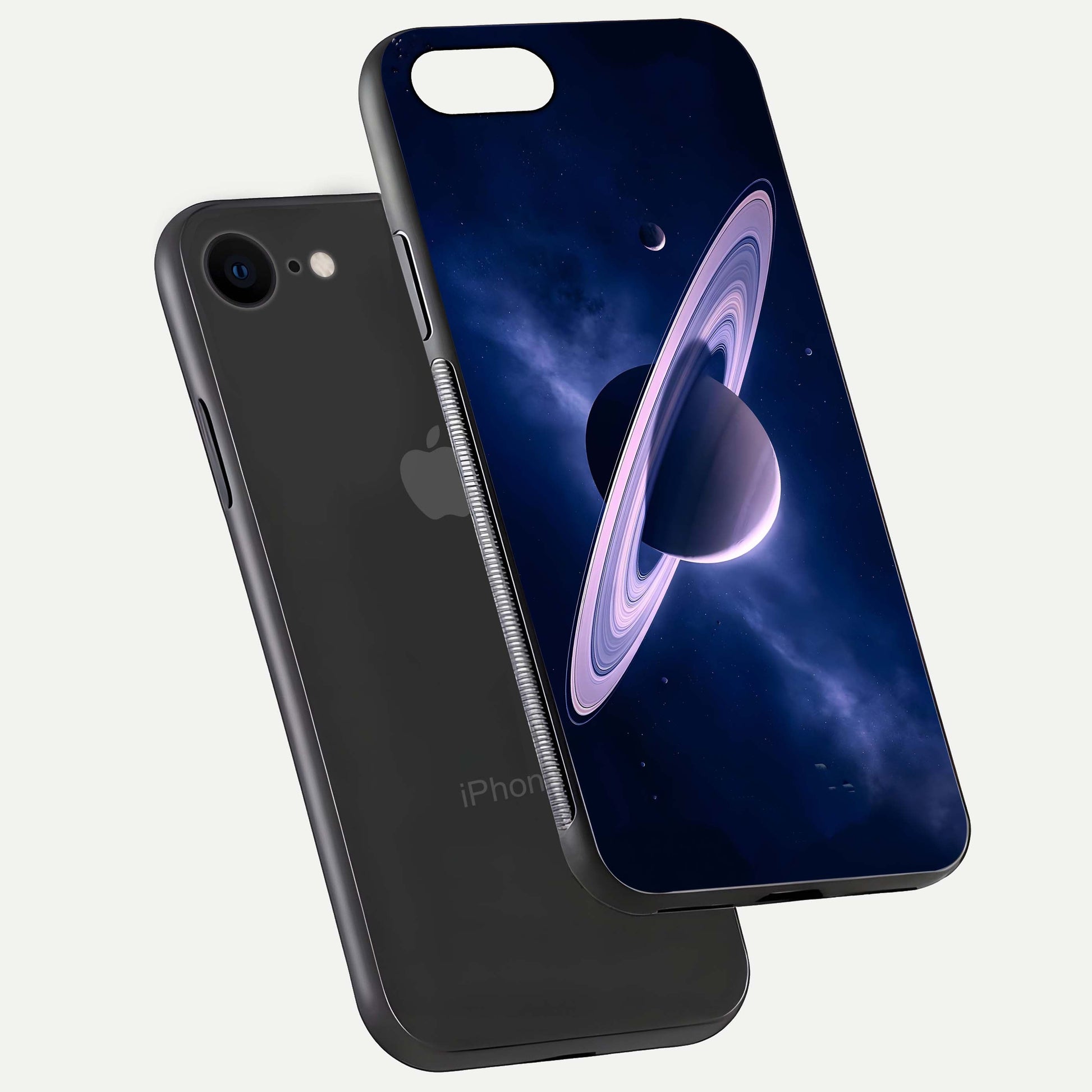 Saturn Ring Mystique Glass Case for iPhone 8 floating dual-view mockup showing gloss finish and star detail