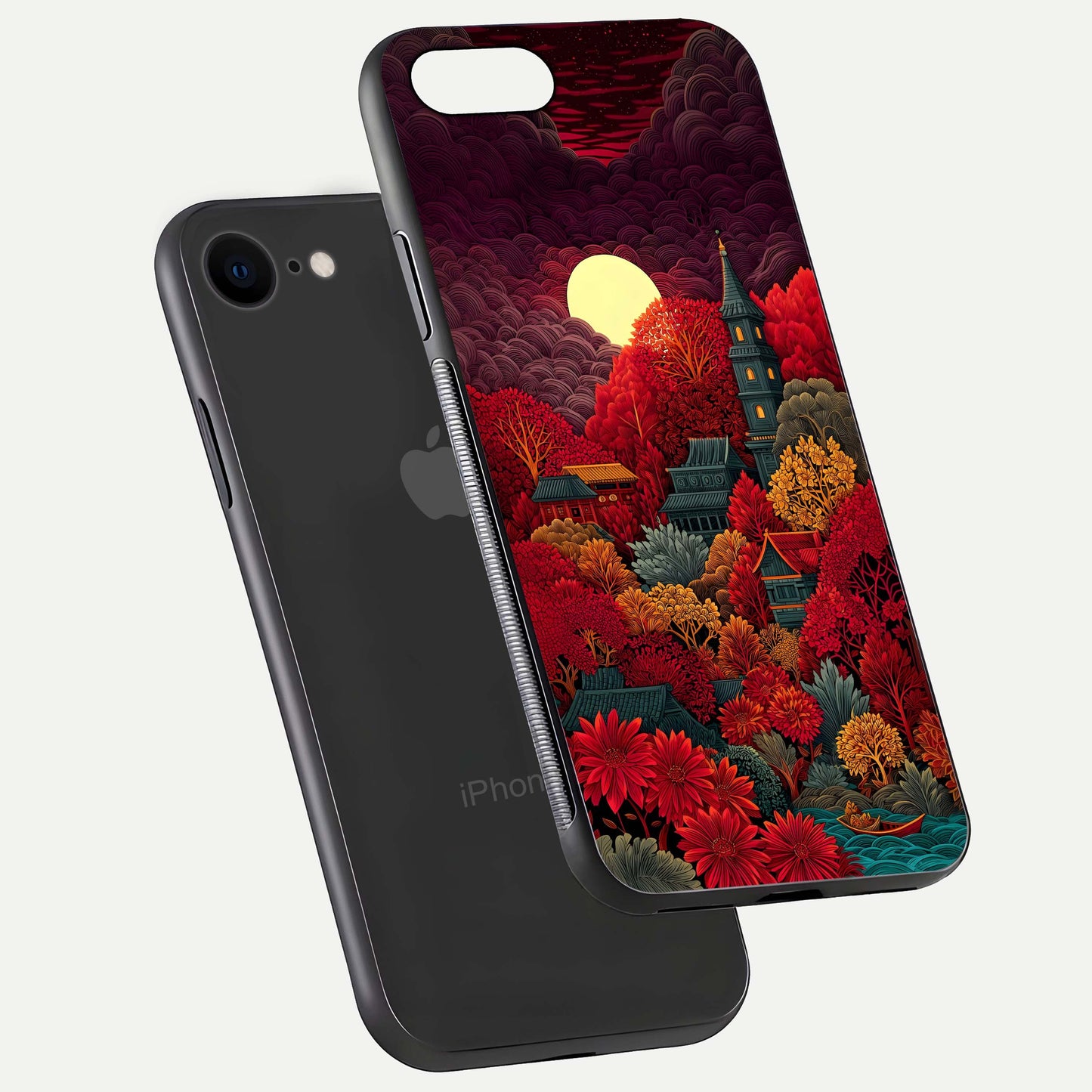 Scarlet Autumn Temple Glass Case for iPhone 8 floating dual-view mockup displaying gloss shine and autumn tones