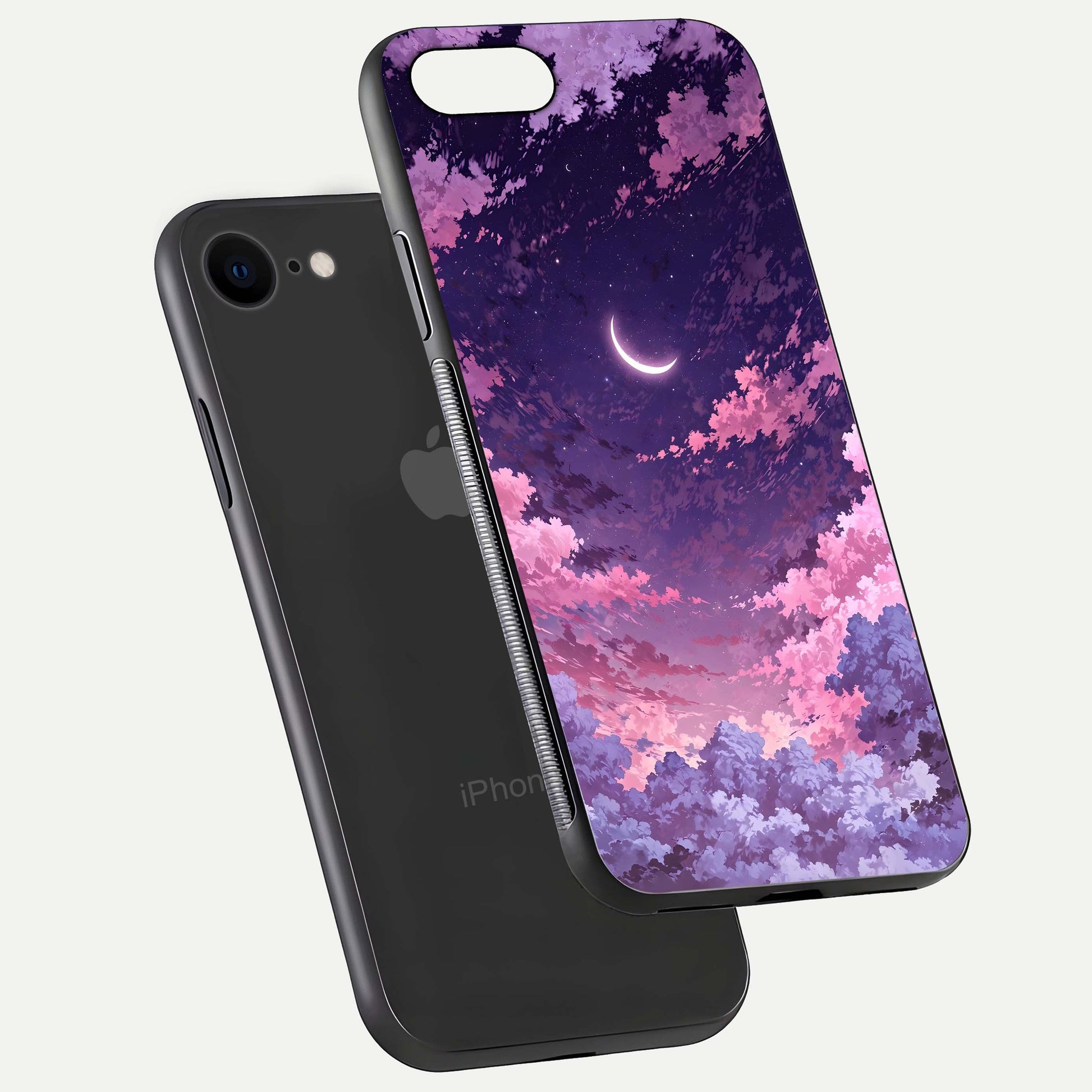 Sky Drift Clouds Glass Case for iPhone 8 floating dual-view mockup displaying gloss shine and depth