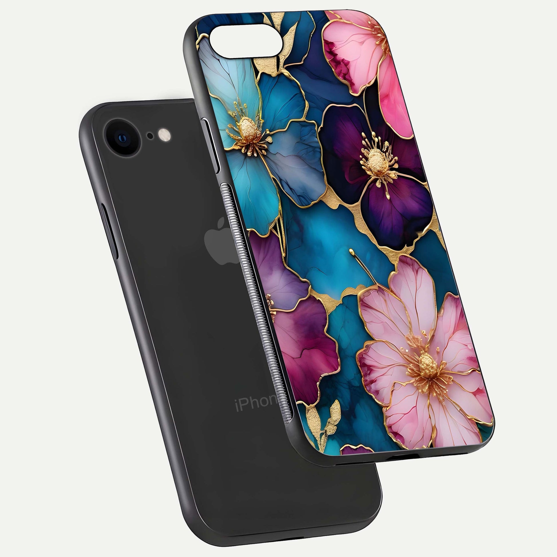 Sparkle Floral Glass Case for iPhone 8 floating dual-view mockup displaying gloss surface and sparkle effect