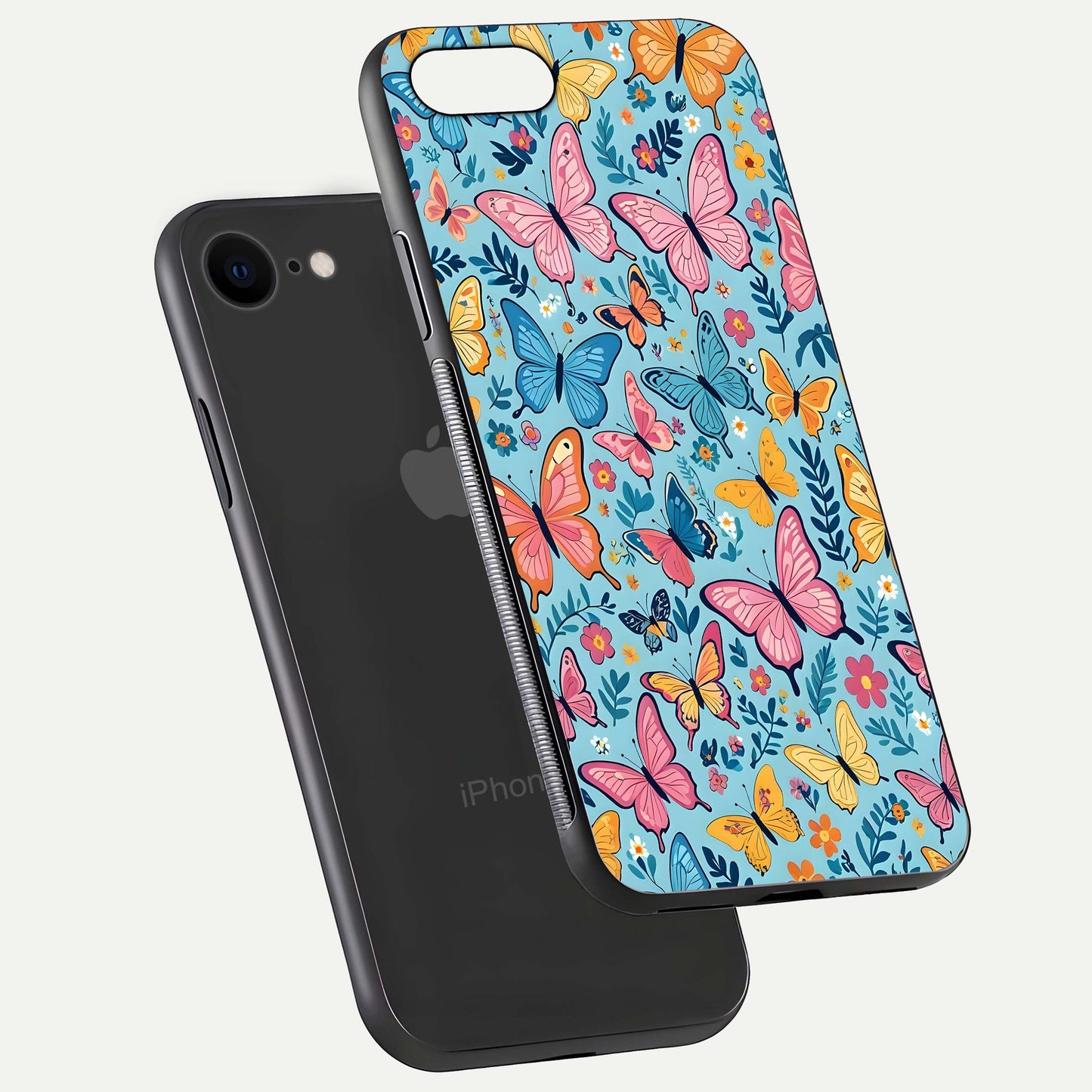 Spring Wing Garden Glass Case for iPhone 8 floating dual-view mockup showing gloss texture and vivid print