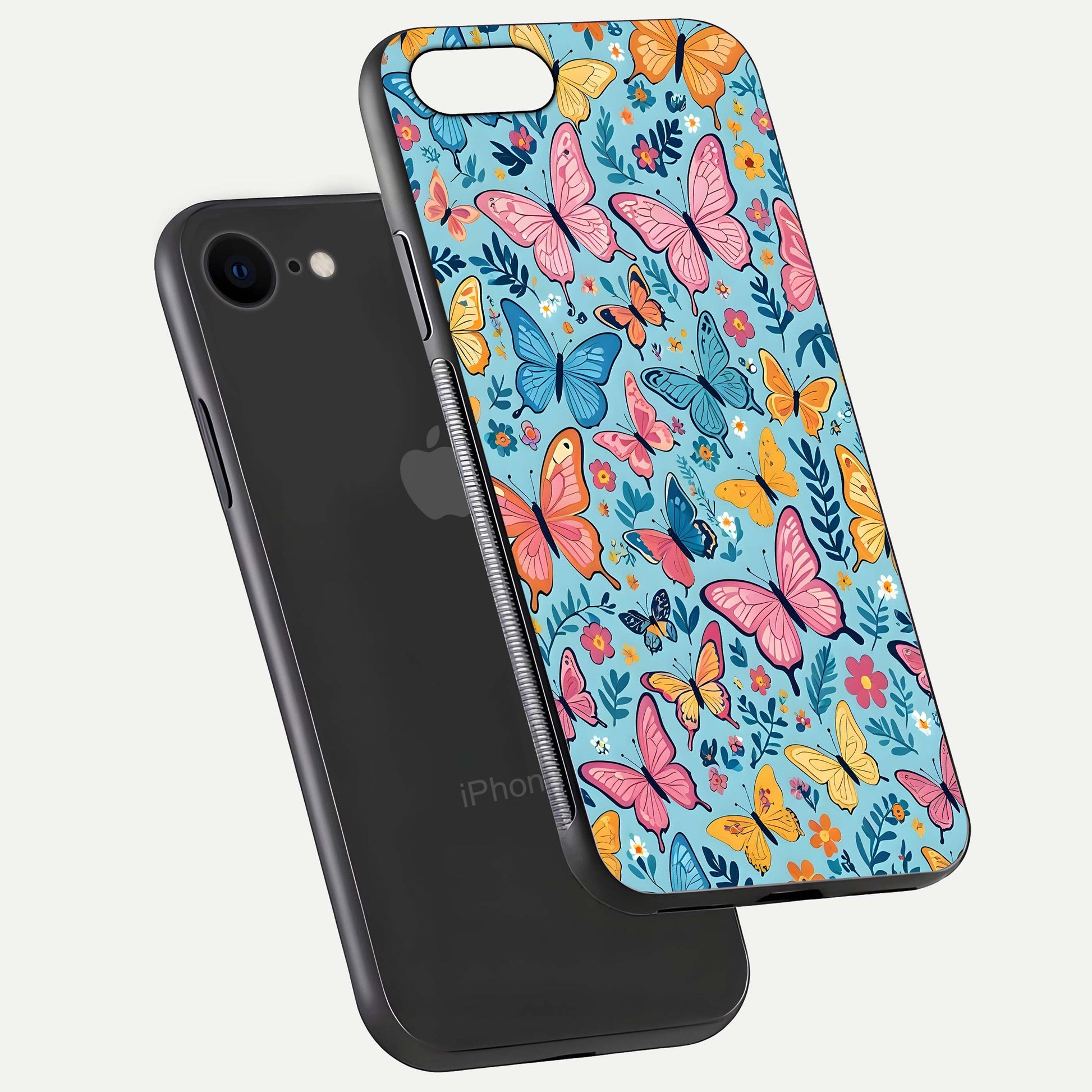 Spring Wing Garden Glass Case for iPhone 8 floating dual-view mockup showing gloss texture and vivid print