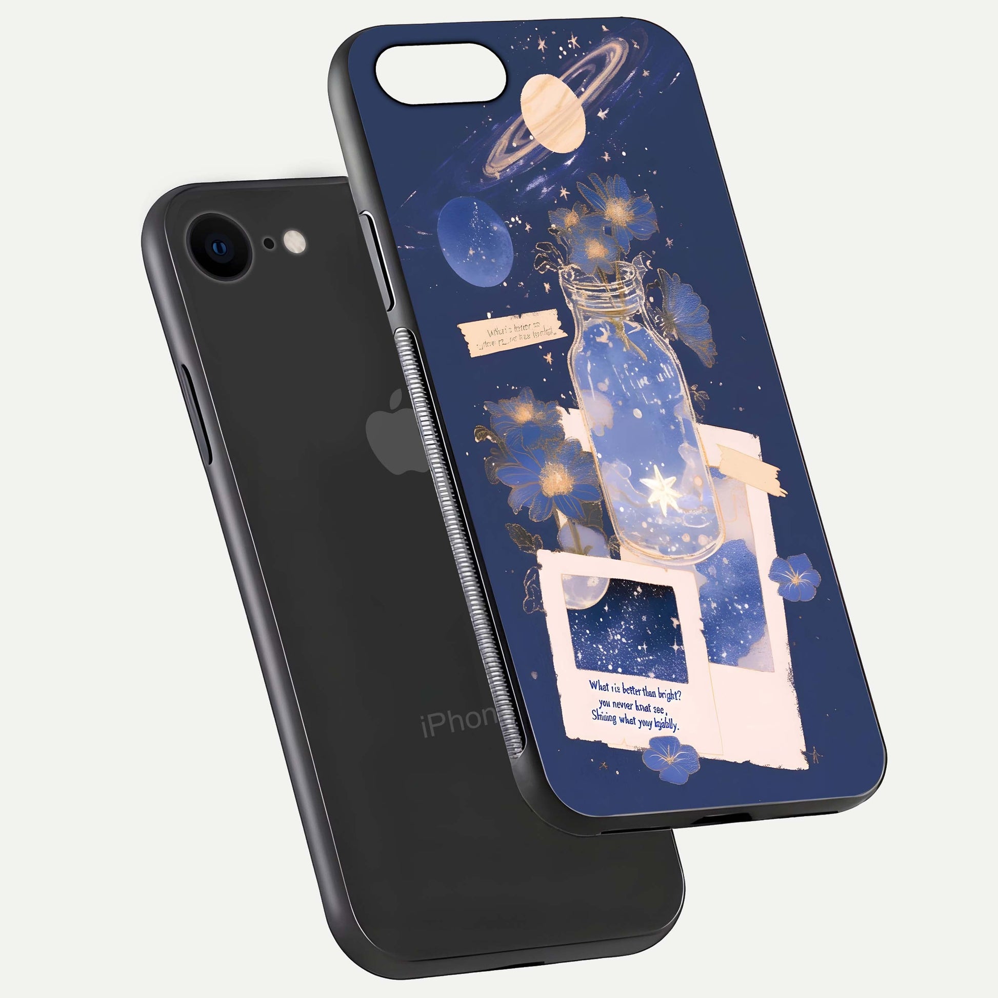 Starlit Cosmic Jar Glass Case for iPhone 8 floating dual-view mockup displaying gloss and starry depth