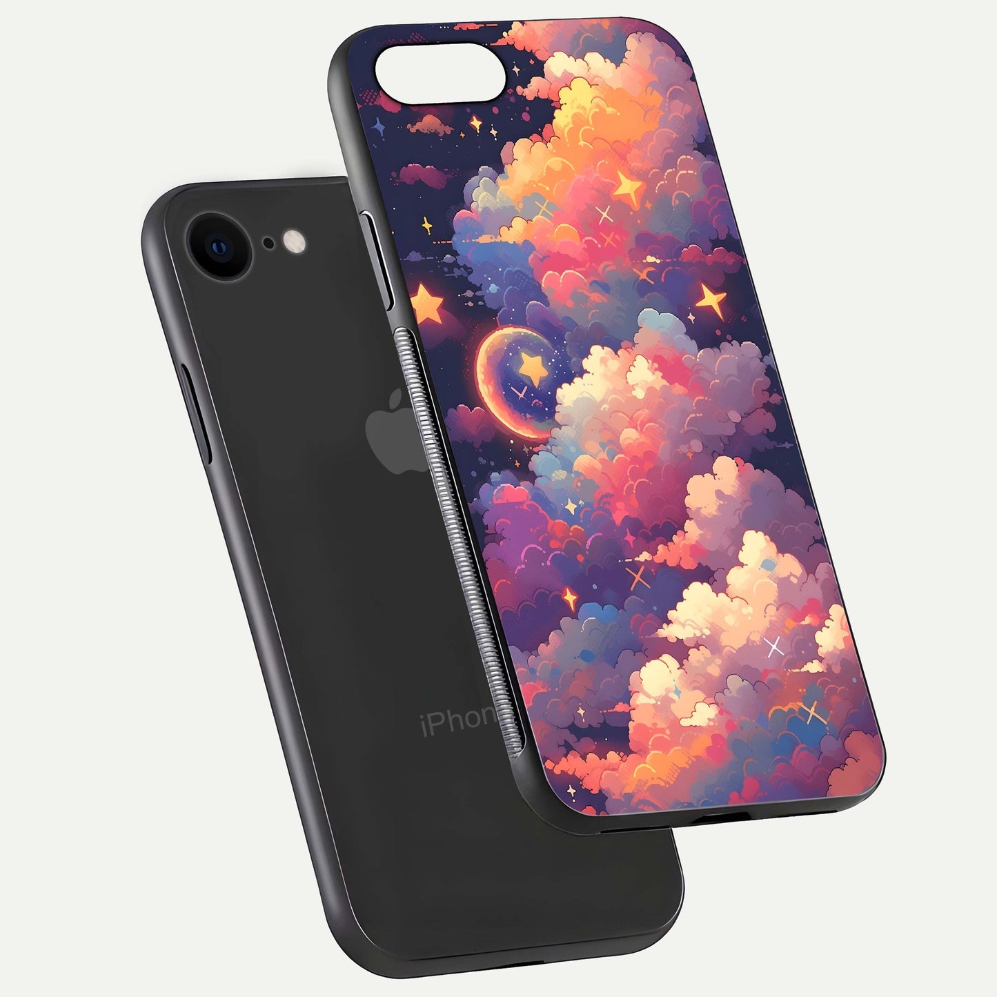 Starlit Dream Clouds Glass Case for iPhone 8 floating dual-view mockup displaying gloss and soft light detail