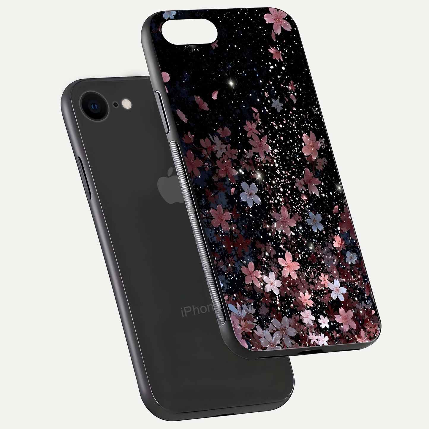 Starlit Flower Dreams Glass Case for iPhone 8 floating dual-view mockup displaying gloss and print clarity