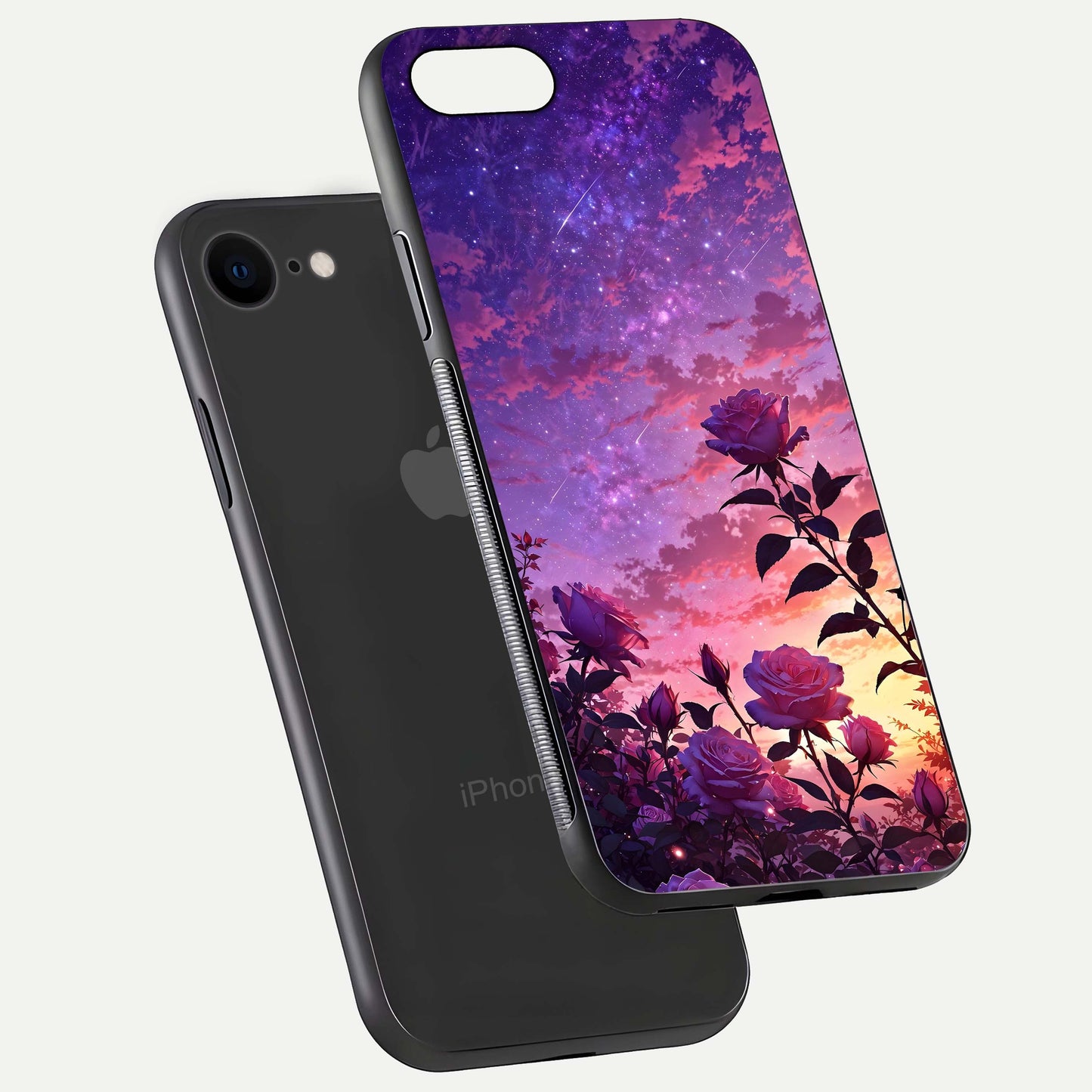 Starlit Rose Twilight Glass Case for iPhone 8 floating dual-view mockup displaying gloss shine and depth