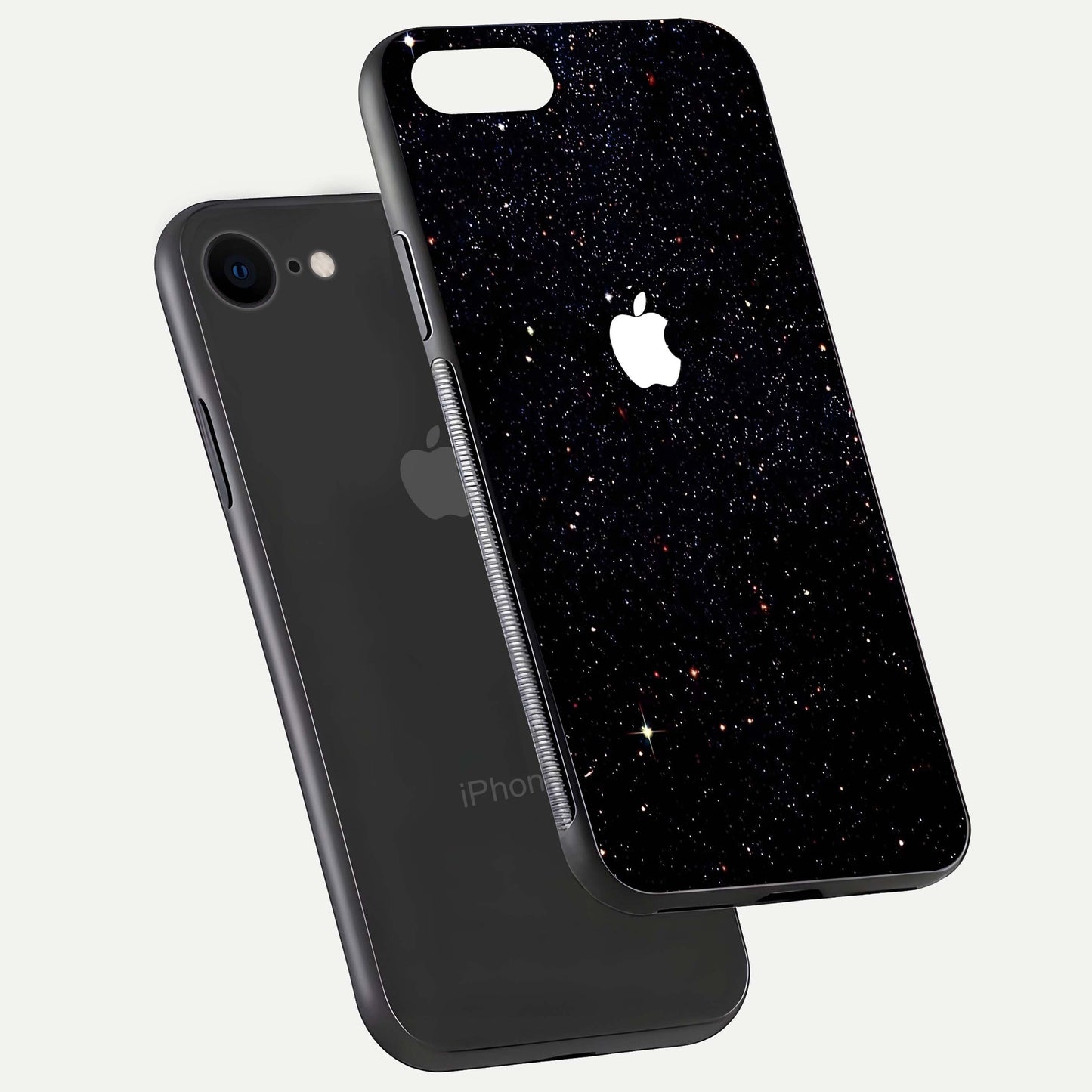 Starry Apple Galaxy Glass Case for iPhone 8 floating dual-view mockup displaying reflection and shine
