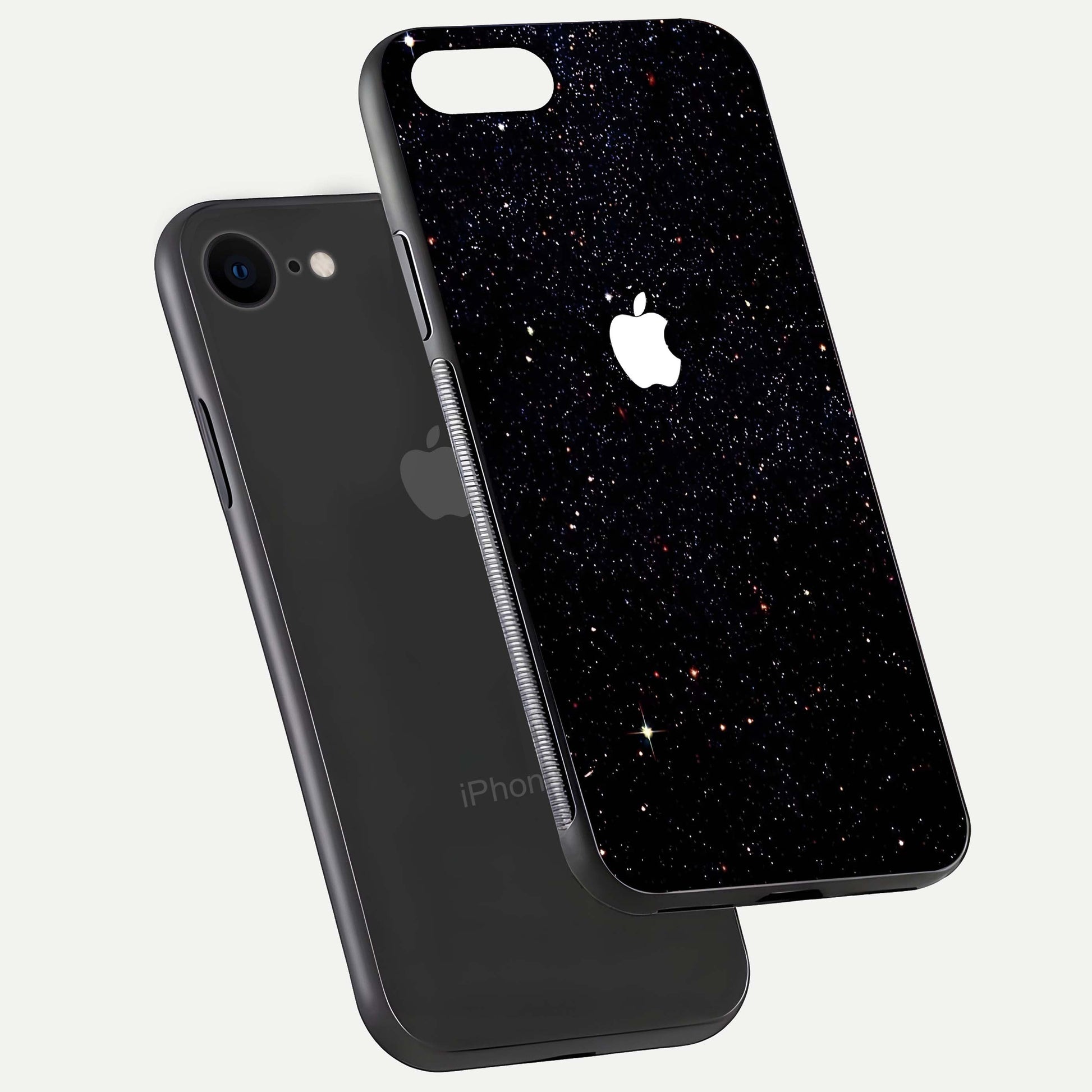 Starry Apple Galaxy Glass Case for iPhone 8 floating dual-view mockup displaying reflection and shine