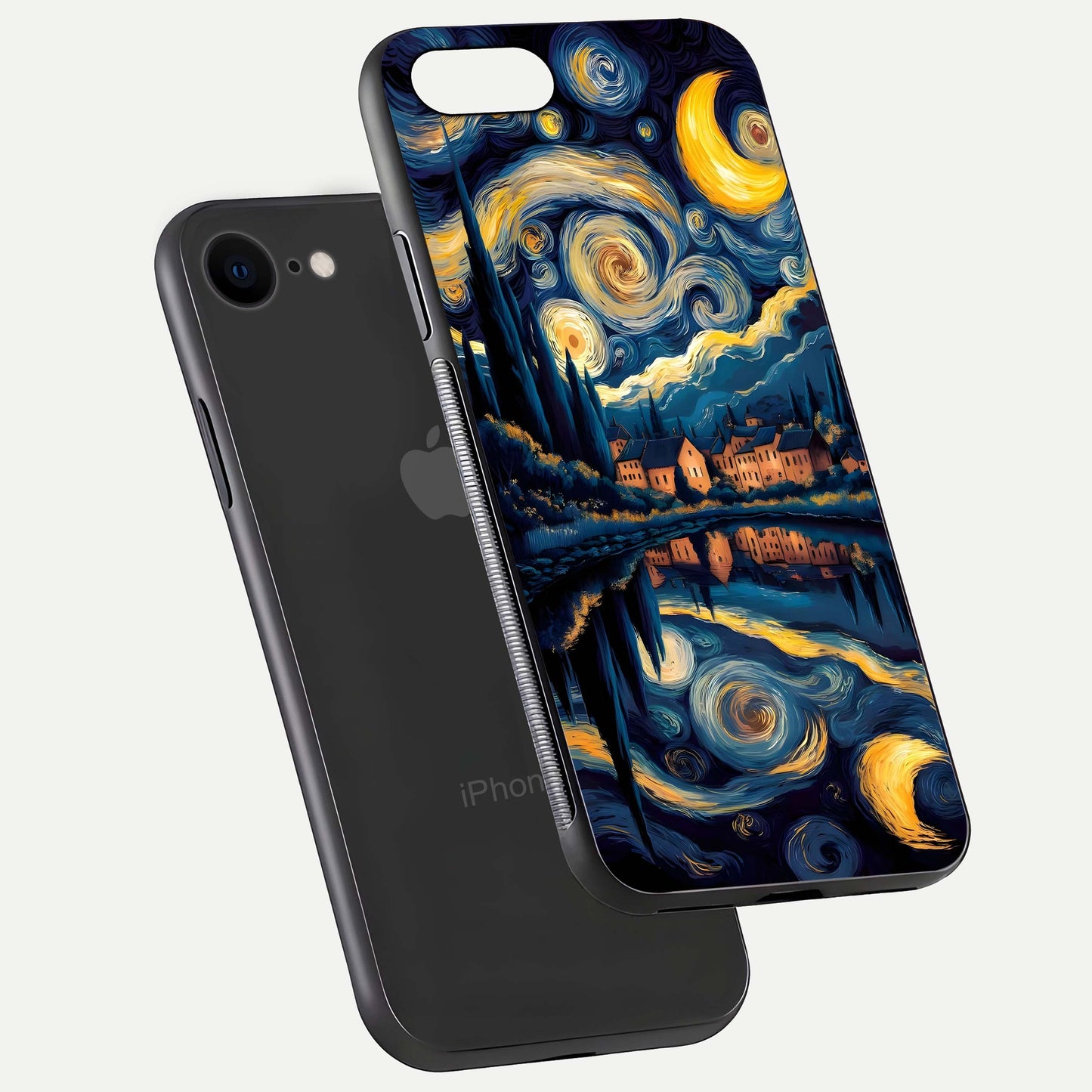 Starry Sky Serenity Glass Case for iPhone 8 floating dual-view mockup displaying gloss texture and shine