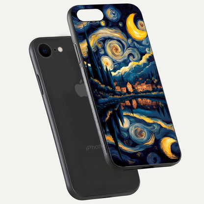 Starry Sky Serenity Glass Case for iPhone 8 floating dual-view mockup displaying gloss texture and shine