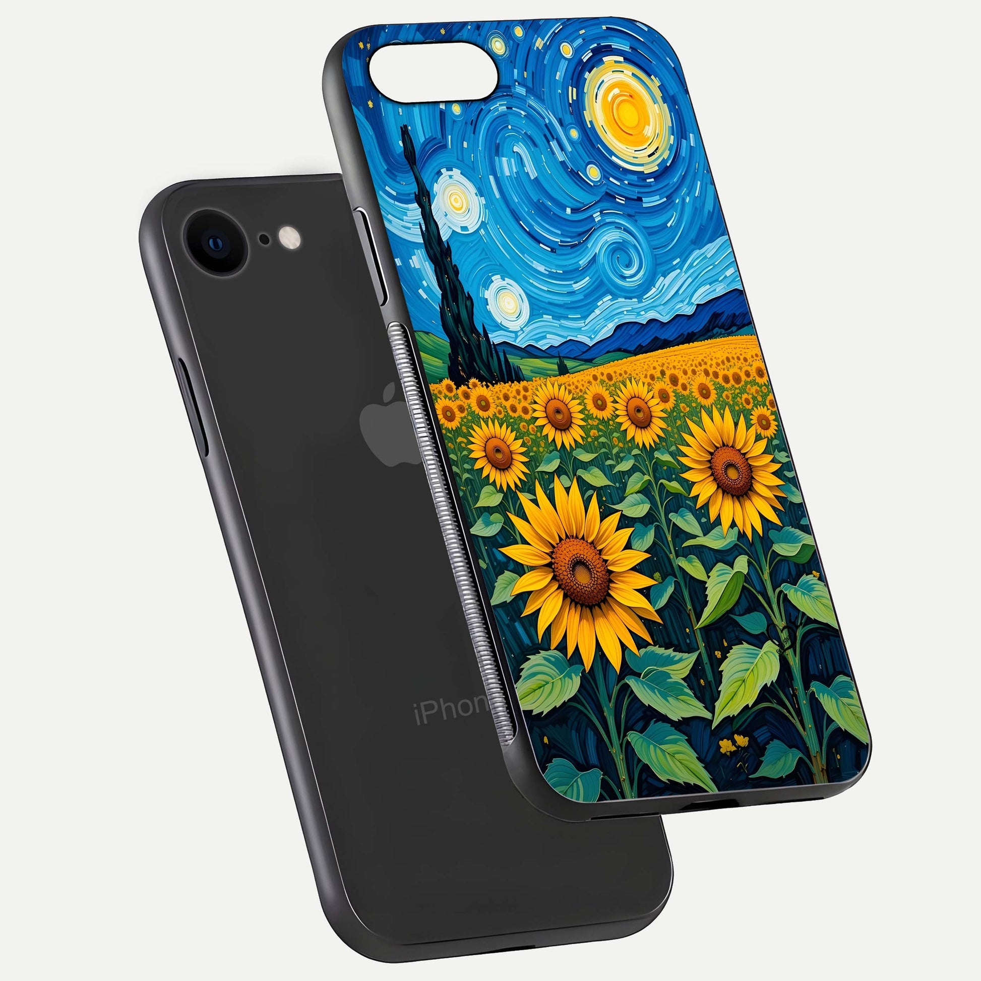 Starry Sunflower Dreams Glass Case for iPhone 8 floating dual-view mockup displaying gloss and vivid print