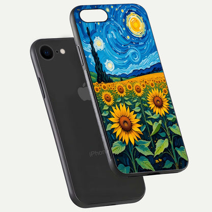 Starry Sunflower Dreams Glass Case for iPhone 8 floating dual-view mockup displaying gloss and vivid print
