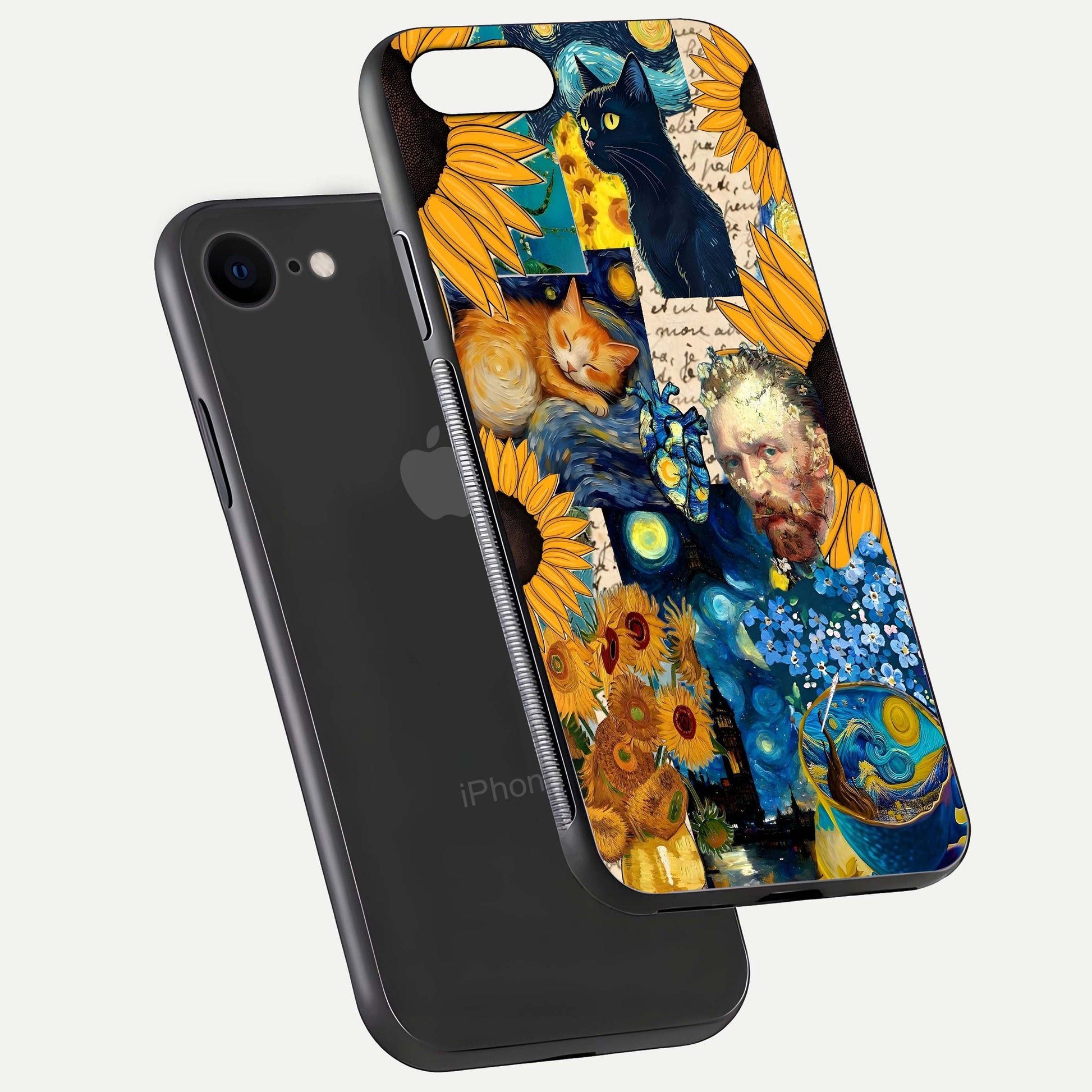 Sunflower Cat Art Glass Case for iPhone 8 floating dual-view mockup displaying gloss shine and HD art print