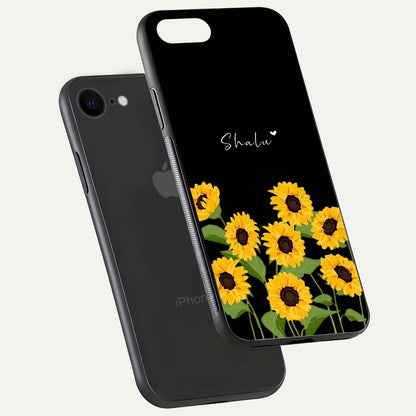 Sunflower Chic Mood Custom Name Glass Case for iPhone 16 Pro floating dual-view mockup displaying gloss texture and detail