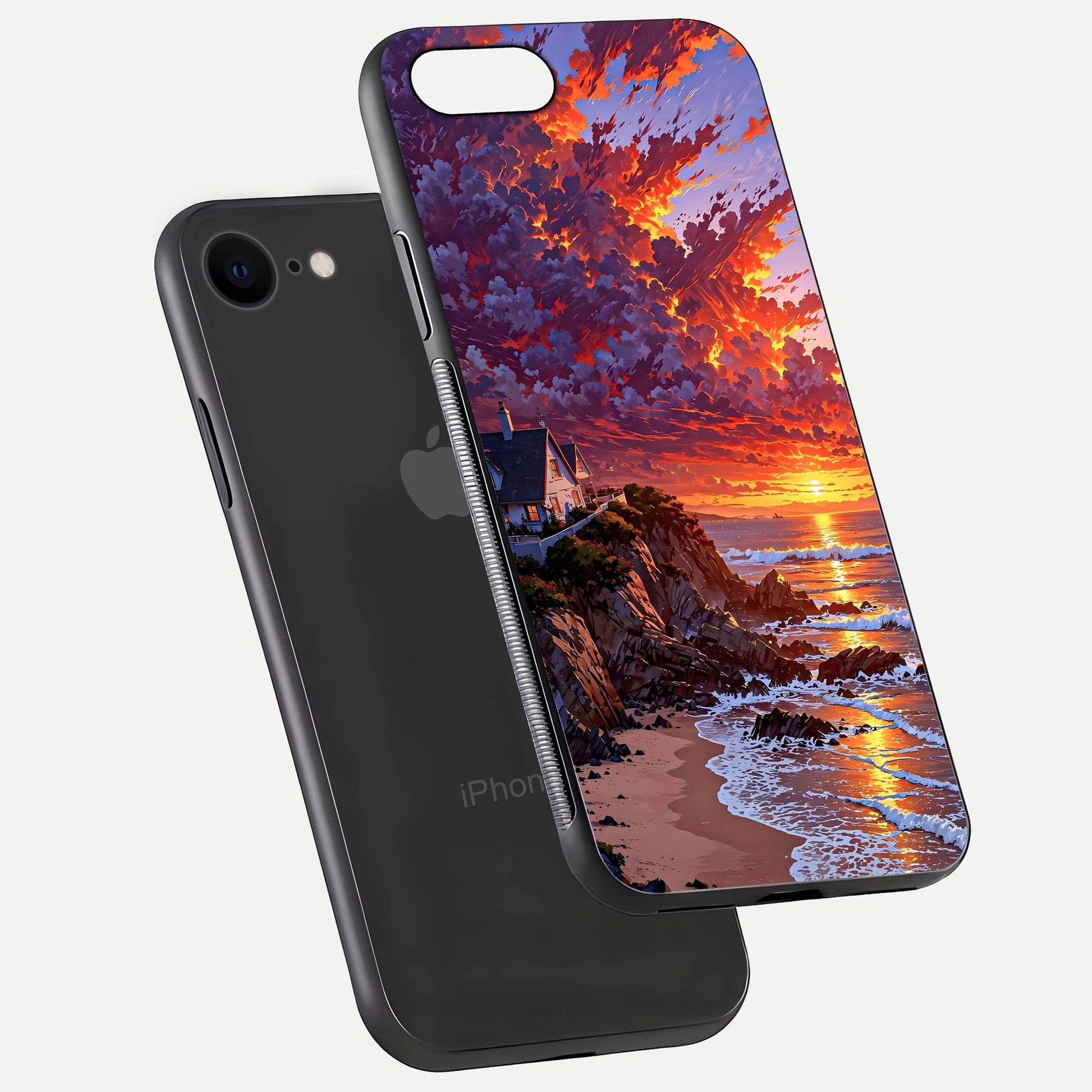 Sunset House by Sea Glass Case for iPhone 8 floating dual-view mockup displaying gloss shine and depth