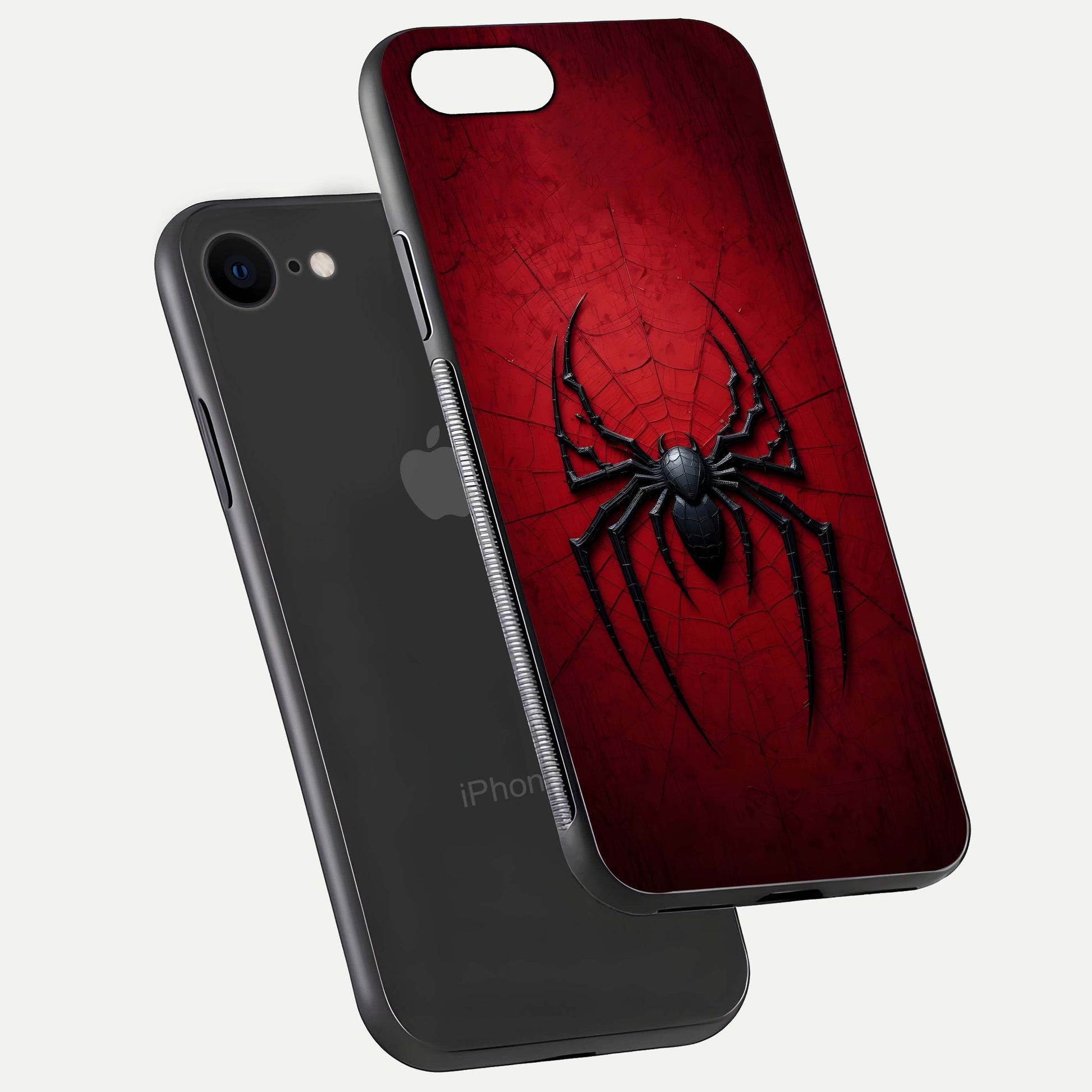 Venom Web Emblem Glass Case for iPhone 8 floating dual-view mockup displaying gloss shine and HD print