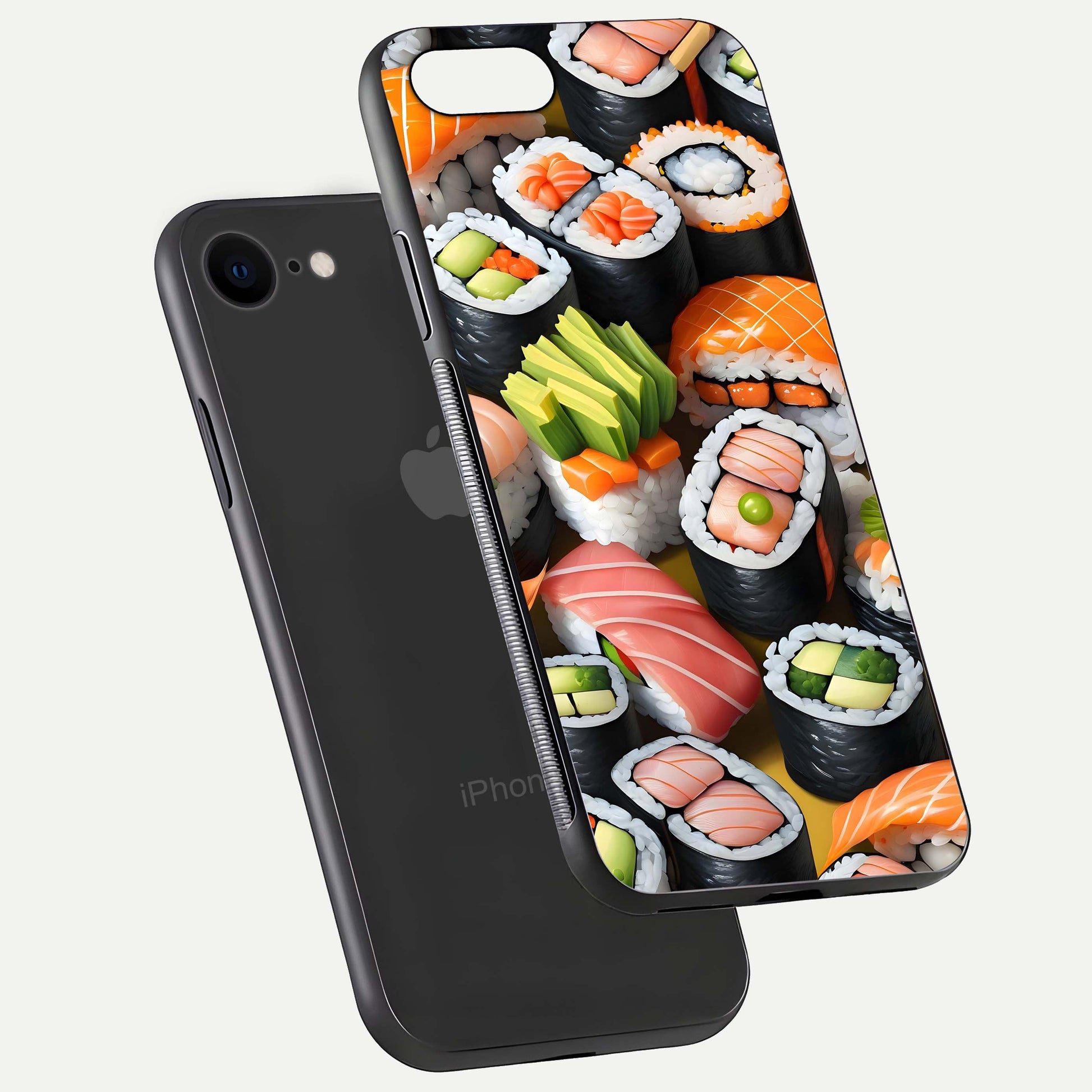 Sushi Food Pattern Glass Case for iPhone 8 floating dual-view mockup displaying gloss and HD pattern