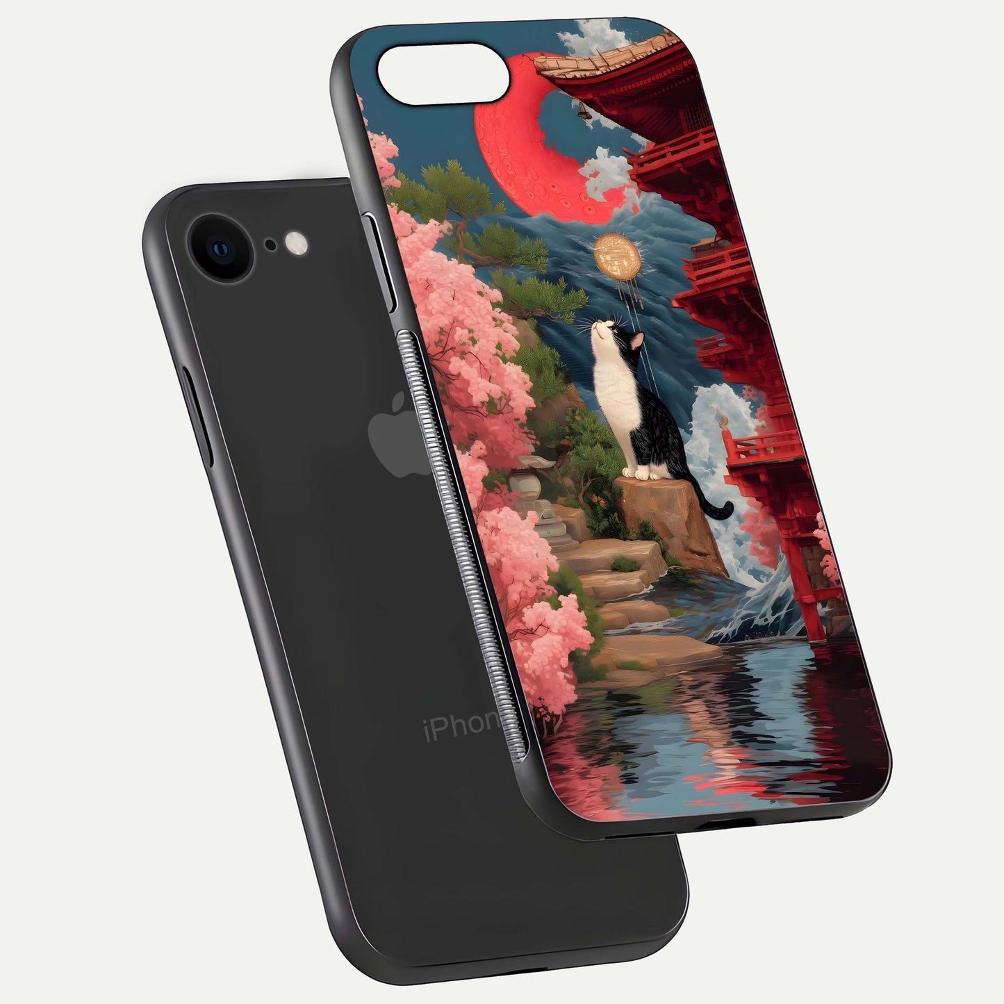Temple Cat Scenery Glass Case for iPhone 8 floating dual-view mockup displaying gloss and depth detail