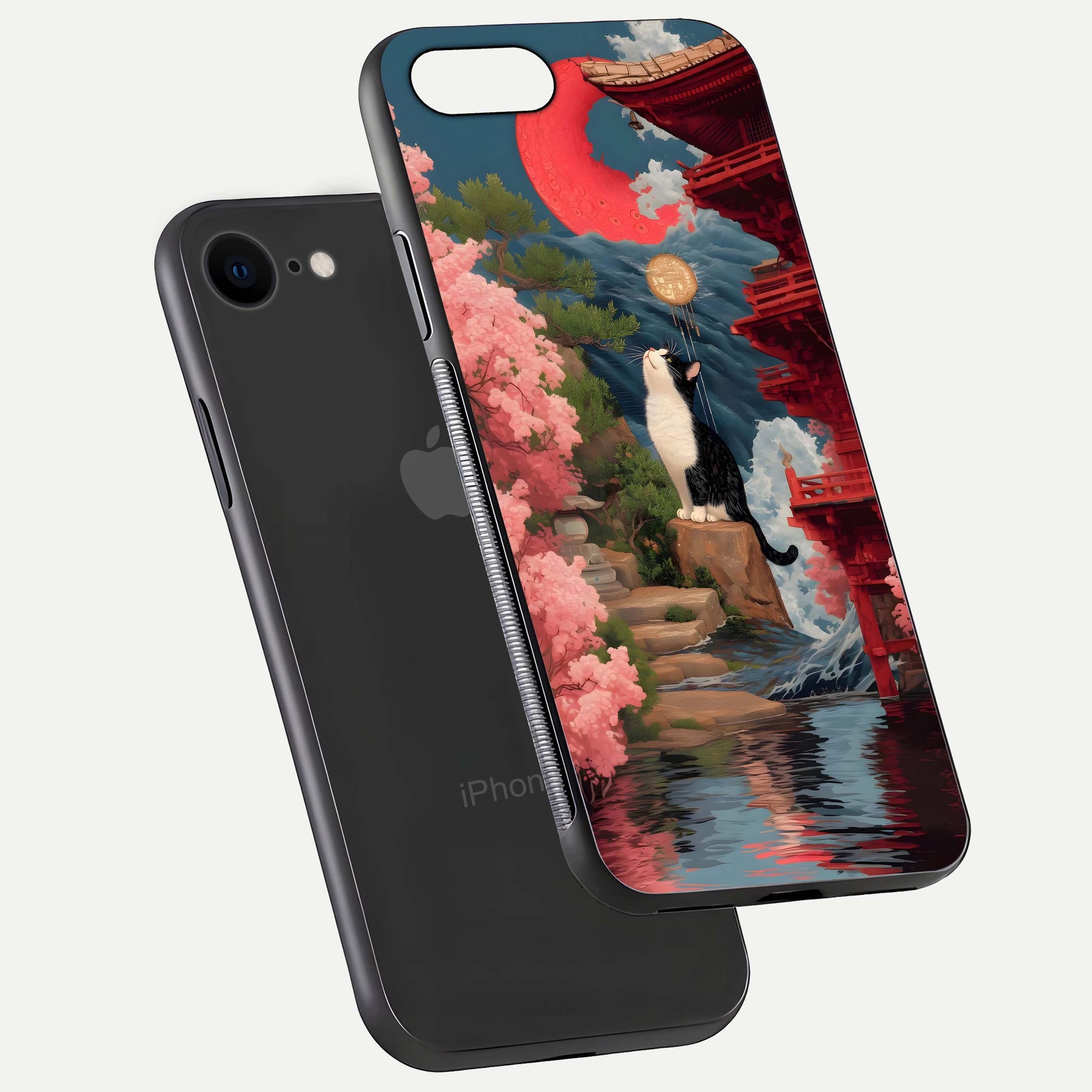 Temple Cat Scenery Glass Case for iPhone 8 floating dual-view mockup displaying gloss and depth detail