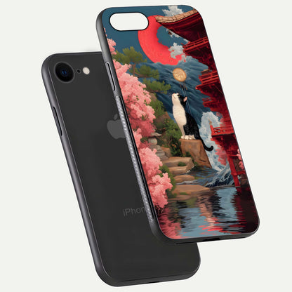 Temple Cat Scenery Glass Case for iPhone 8 floating dual-view mockup displaying gloss and depth detail