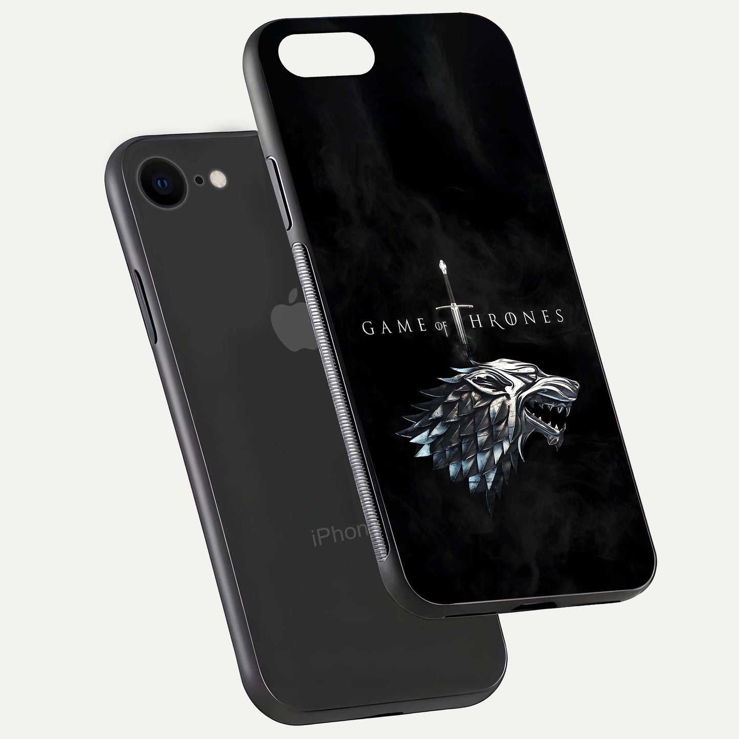 Throne Wolf Legacy Glass Case for iPhone 8 floating dual-view mockup displaying gloss depth and wolf artwork