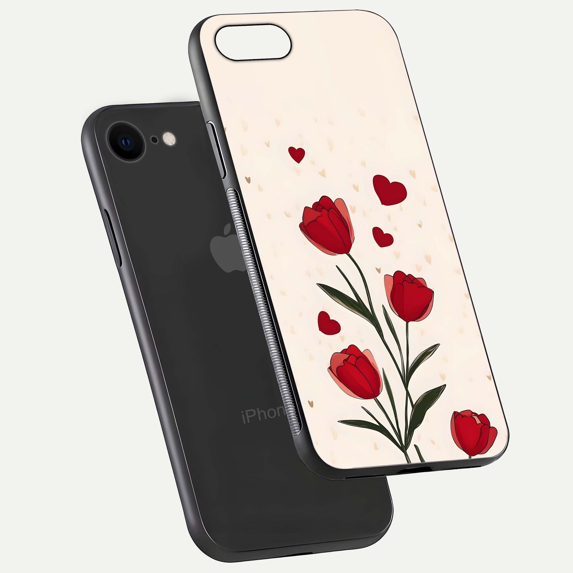 Tulip With Heart Glass Case for iPhone 8 floating dual-view mockup displaying gloss texture and shine