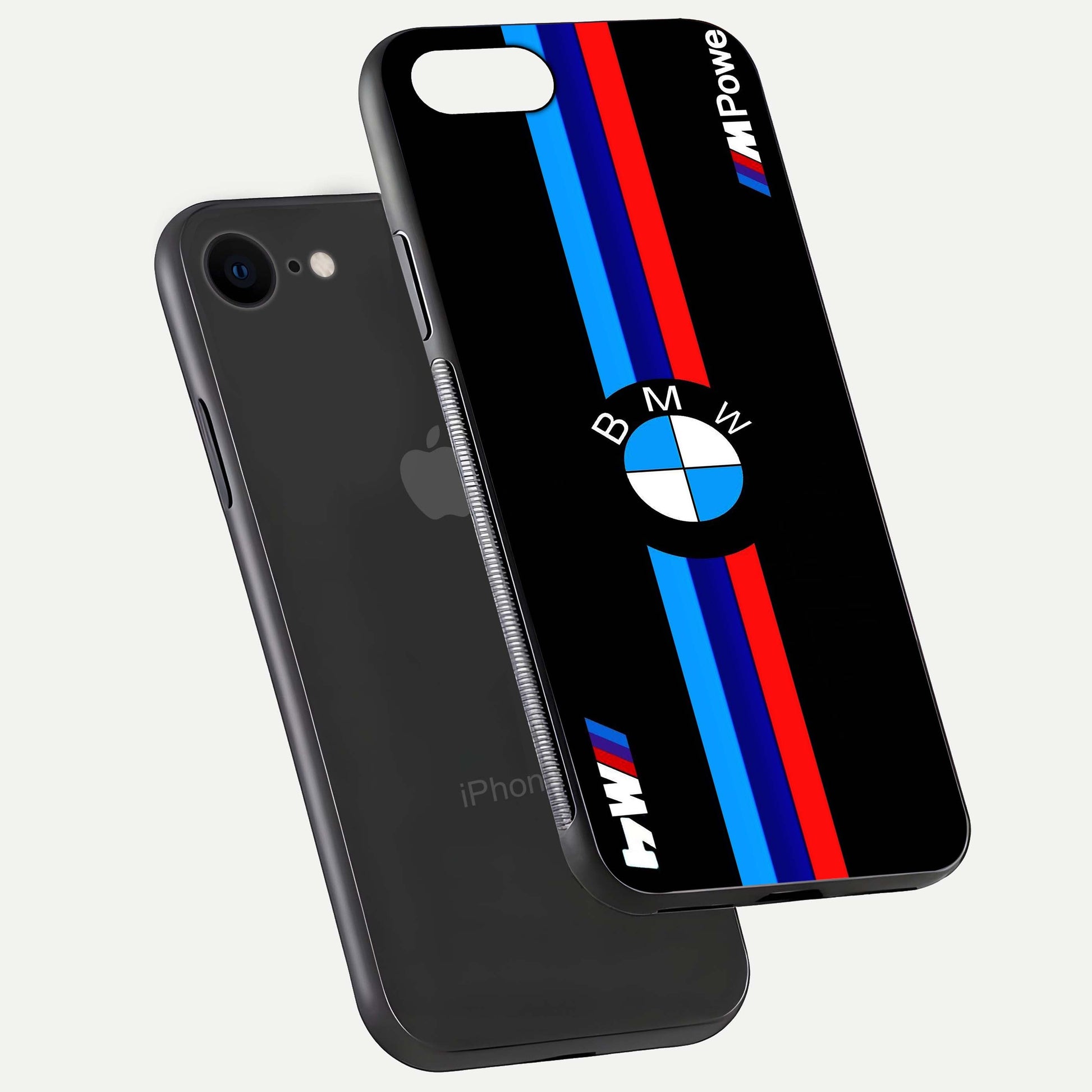 Turbo BMW Beast Glass Case for iPhone 8 floating dual-view mockup displaying gloss texture and vivid print