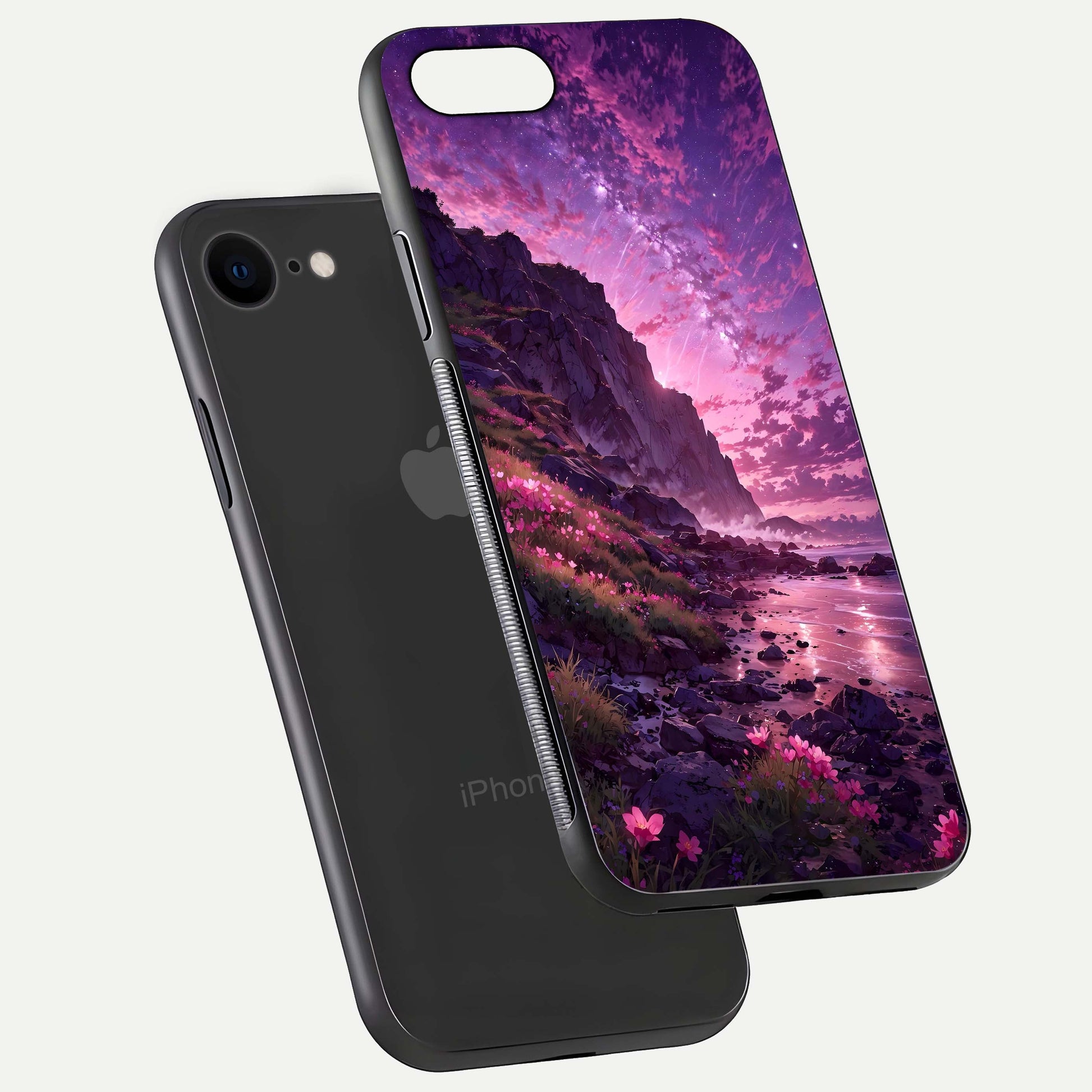 Twilight Blossom Coast Glass Case for iPhone 8 floating dual-view mockup displaying gloss surface and detail