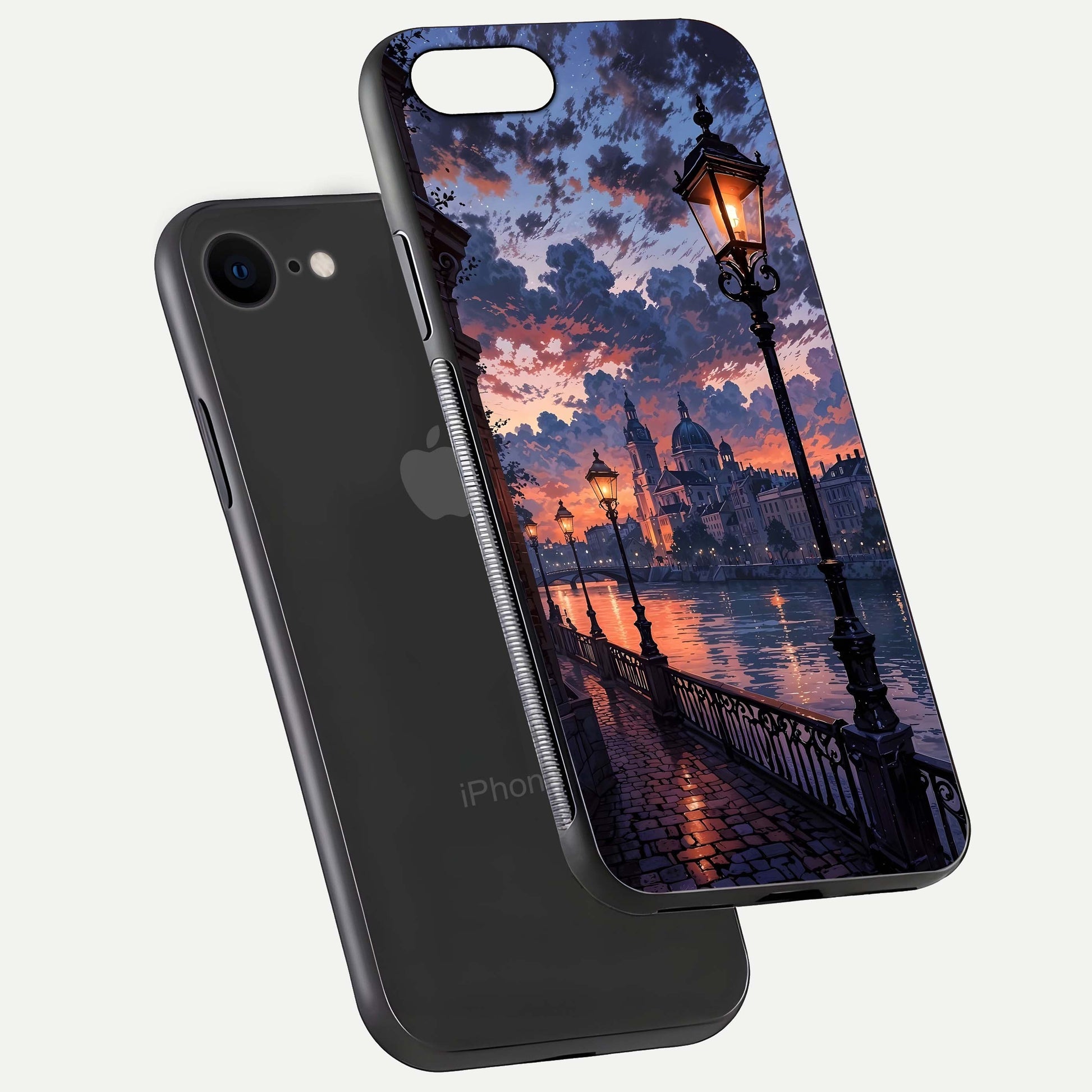 Twilight River Lights Glass Case for iPhone 8 floating dual-view mockup displaying gloss shine and vivid details