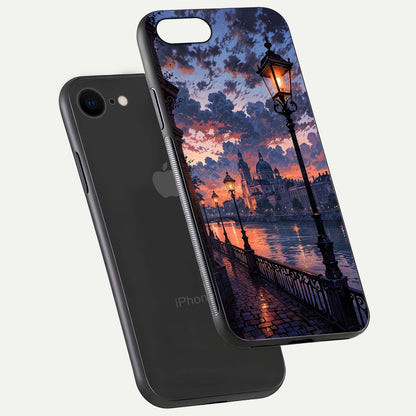 Twilight River Lights Glass Case for iPhone 8 floating dual-view mockup displaying gloss shine and vivid details