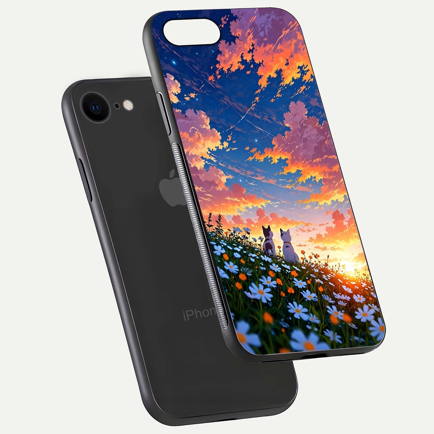 Two Cats Friends Glass Case for iPhone 8 floating dual-view mockup displaying gloss surface and HD print