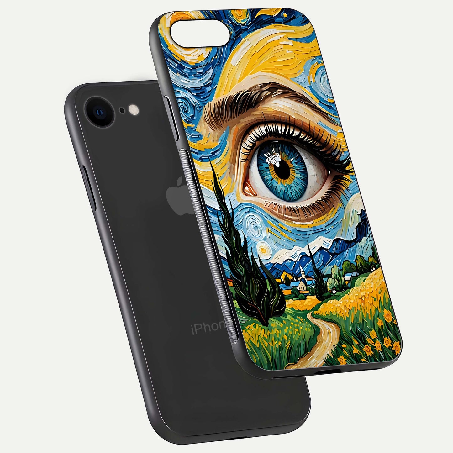 Van Gogh Eye Glass Case for iPhone 16 Pro floating dual-view mockup displaying gloss texture and depth