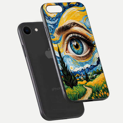 Van Gogh Eye Glass Case for iPhone 16 Pro floating dual-view mockup displaying gloss texture and depth
