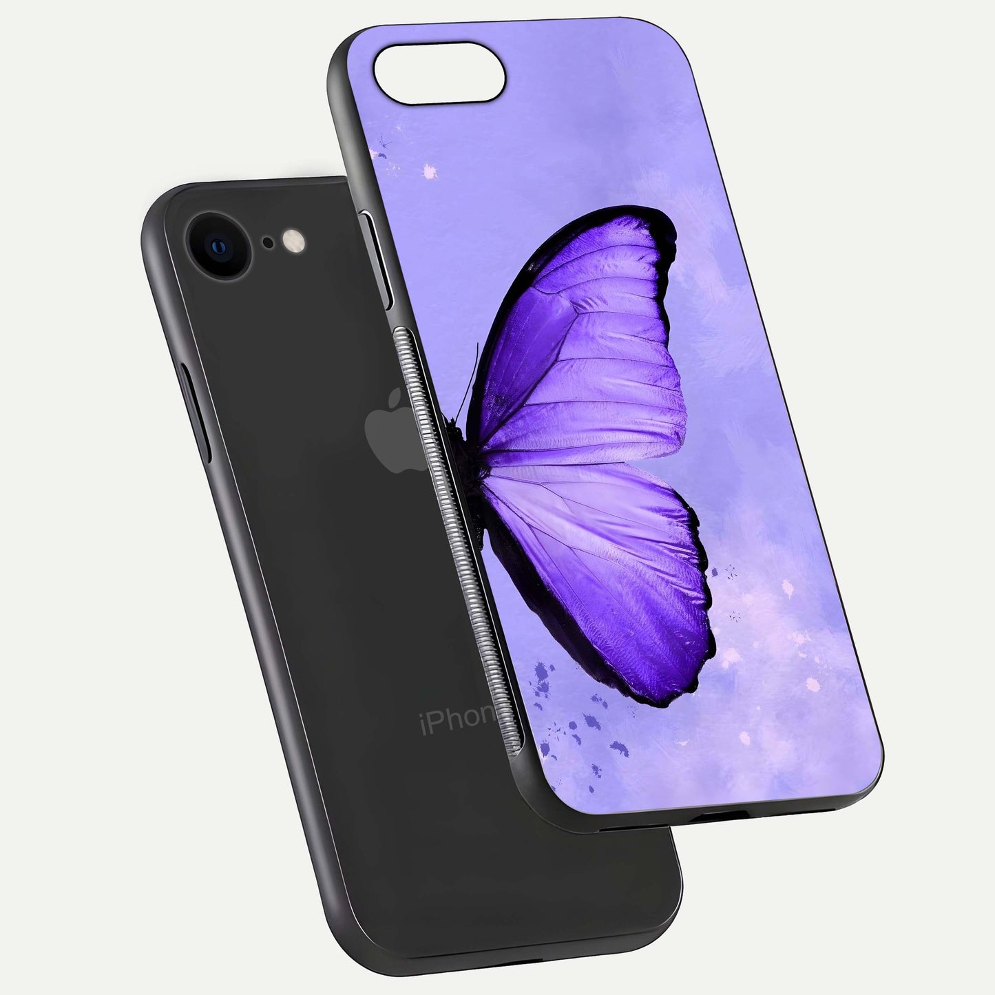 Violet Dream Wing Glass Case for iPhone 8 floating dual-view mockup displaying gloss depth and clarity