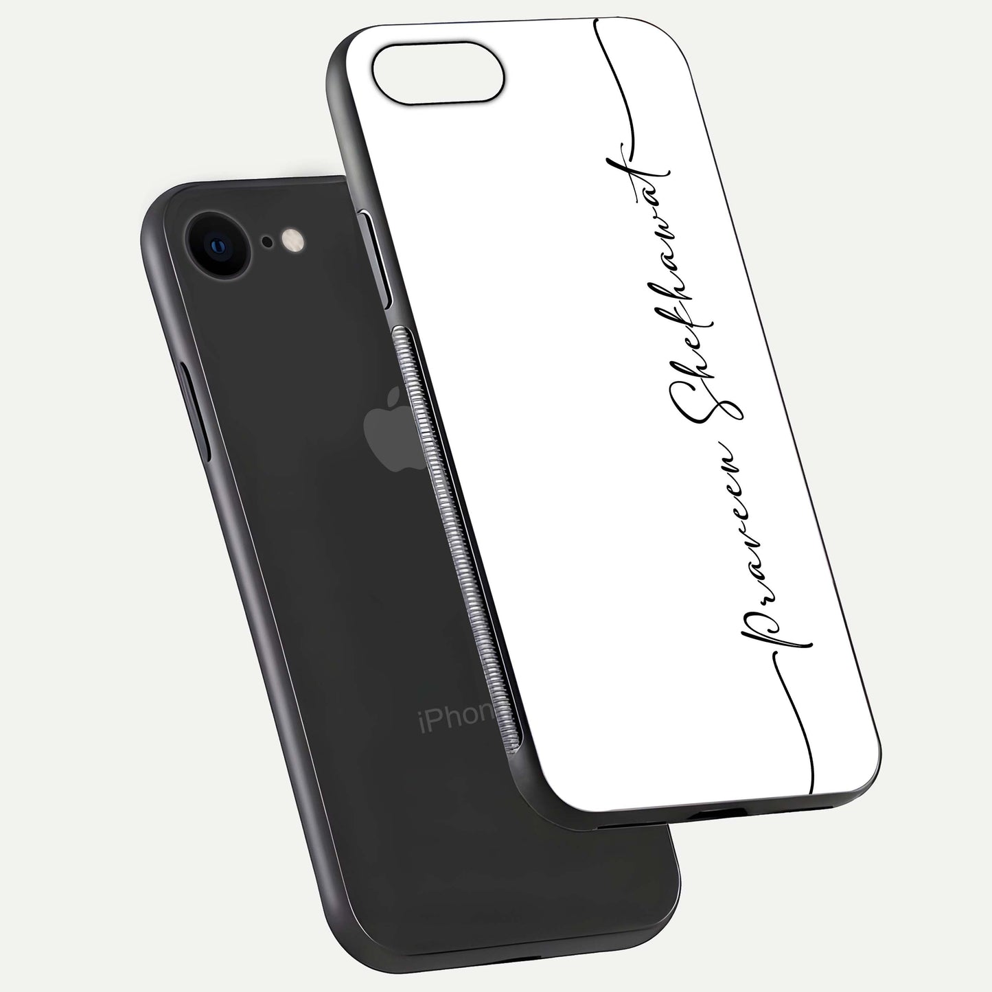 White Tune Custom Name Glass Case for iPhone 8 floating dual-view mockup displaying gloss and HD detail