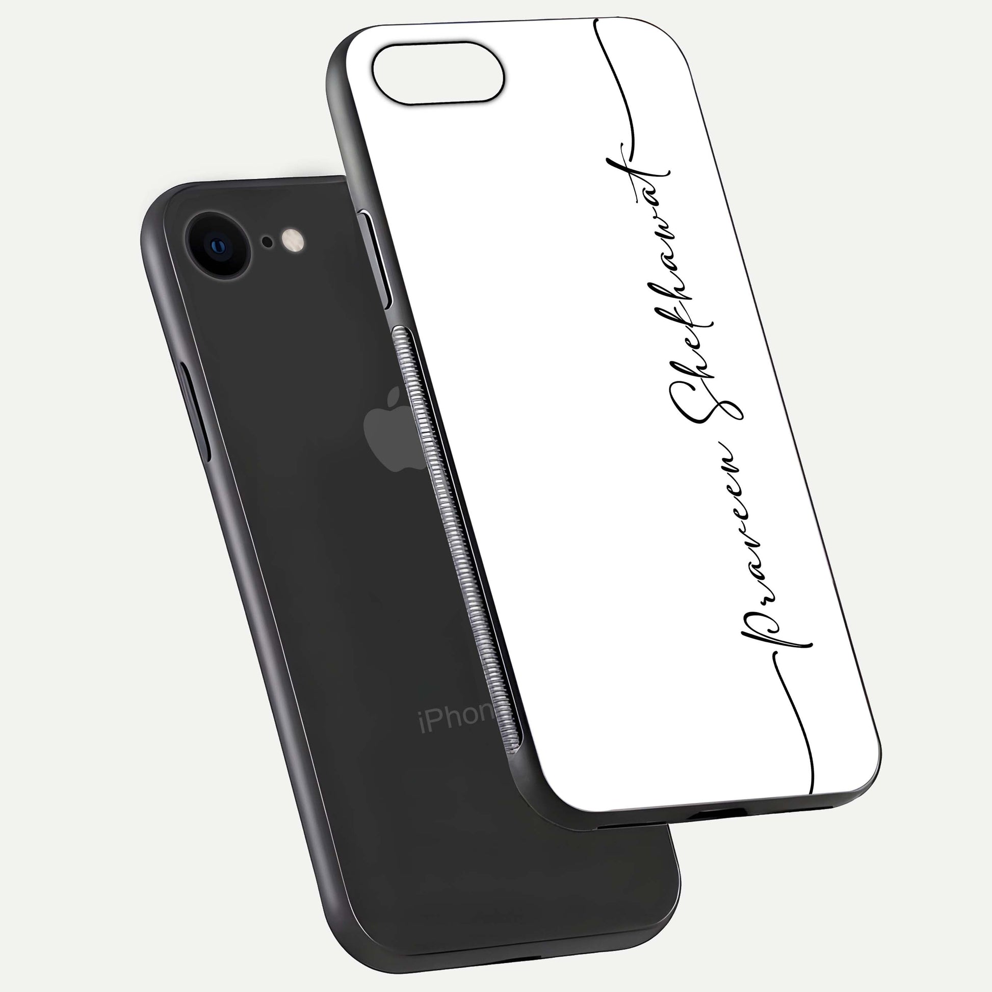 White Tune Custom Name Glass Case for iPhone 8 floating dual-view mockup displaying gloss and HD detail